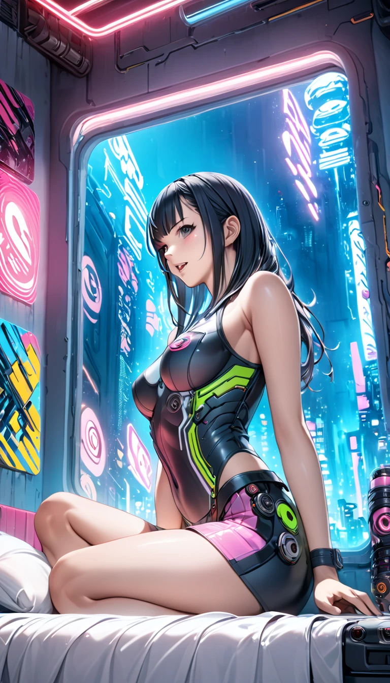 ８K、erotic photograph, 18 yo Japanese woman, ((( Woman in transparent vinyl latex))) shinny skin、Navel, Stomach exposed, sheer transparent crop top, Breast opening、small breasts, perfectly formed breasts, fully body length photo、Outstanding body style、Metallic Rainbow Hair、Futuristic city, cyberpunk, topless, rgb, led, rave, rave festival, night, light rays,