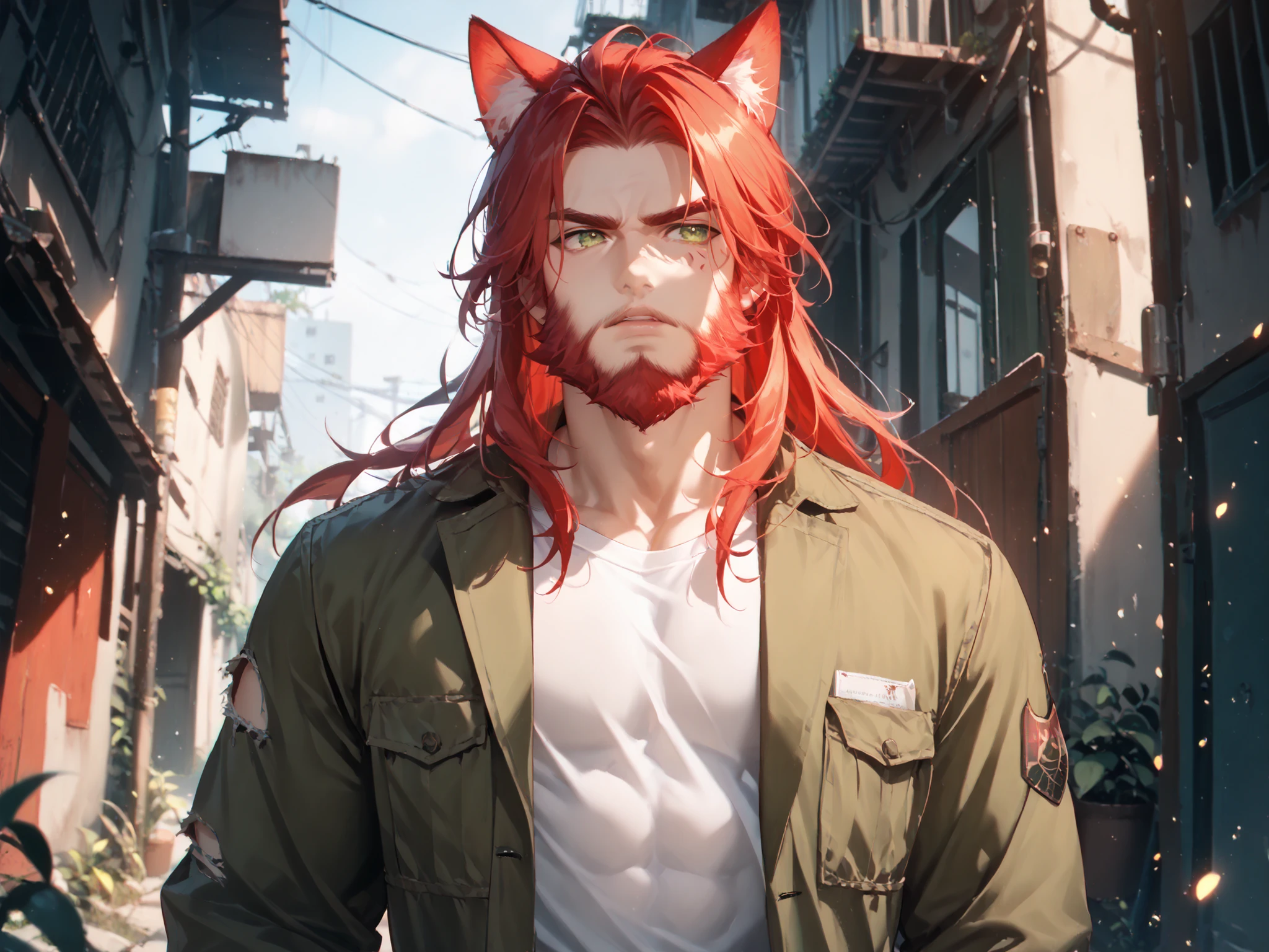 Character: solo, 1boy, cat-boy, demi-human, adult, cat eyes, green eyes ((Eyes with high detail, no defects, pupils of equal size)), stern, old, daddy, manly, red beard, lush beard, big beard, long beard, facial hair, facial wrinkles, full lips, red hair, long hair, mane, (red cat ears), rough face, ((hair covers ears)), toned, white shirt, khaki-green jacket, ripped jeans. Background: abandoned alley, outdoors, day, particles, fractal, best quality, 8k, highres, masterpiece, ultra-detailed, dramatic lighting