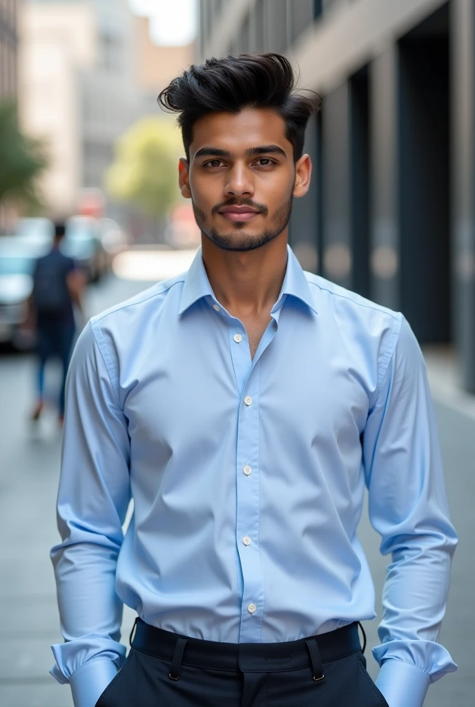 photo realistic office man in his early thirties, he is arabian and has medium length hair who is wearing wearing colourful casual clothes with a modern open plan office as the background, she is looking at the camera
