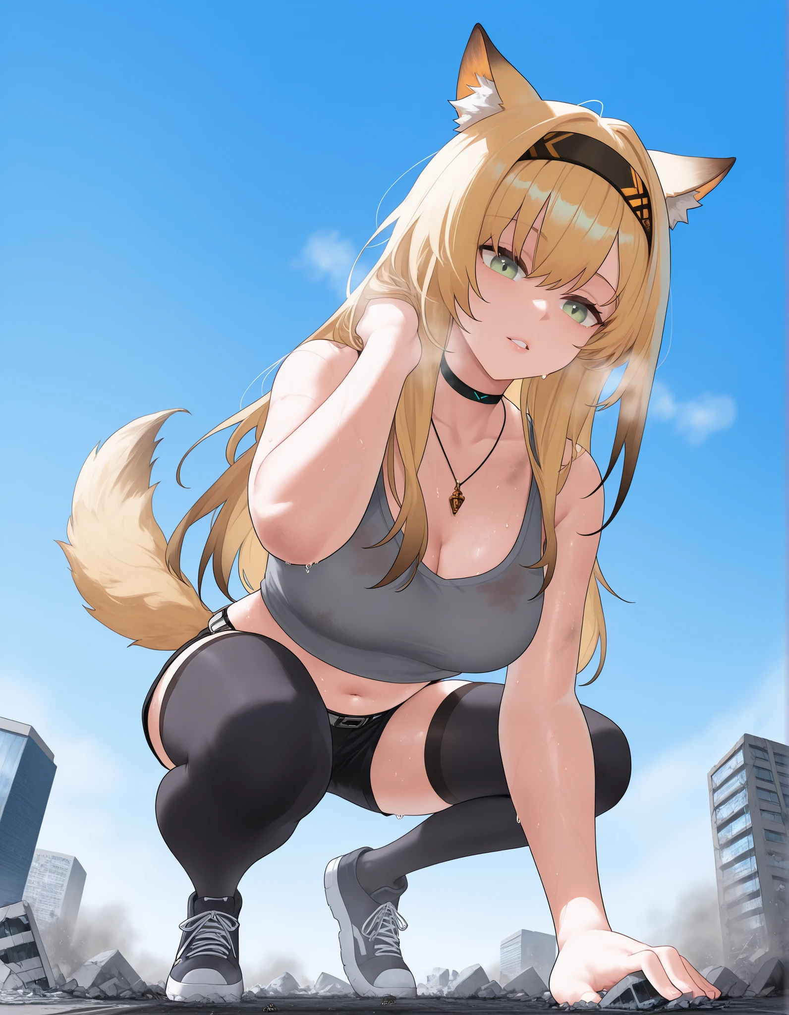 (mini giantess:1.2), ,(Clothes with fine rubble:1.2),dirty chest ,, cleavage,(dirty clothes:1.2),microcity, Women bigger than building , score_9_up, score_8_up, score_7_up, source_anime, 1girl, solo, Horn_Arknights, sweaty, doing push up, exercising, parted lips, breath, hairband, blonde hair, long hair, wolf ears, wolf tail, black choker, grey tank top , navel, necklace, black thighhighs, open clothes, Outdoors, grayish light green eyes, blue sky, full body, Woman destroying a city, masterpiece, best quality ,,(from below:1.4),the way