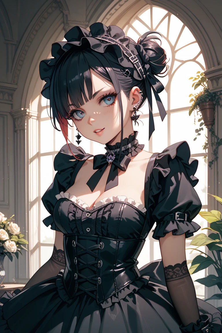 1 girl, anime, high quality, intricate details, black hair, fluffy hair, short hair, elegant, futuristic setting, maid dress, stockings, green streaks in hair, steampunk accessories, stoic expression, lacy umbrella, curvy build, lacy gloves, confident pose, corset, mansion, maid, indoors, hairclips, light green eyes, black hair