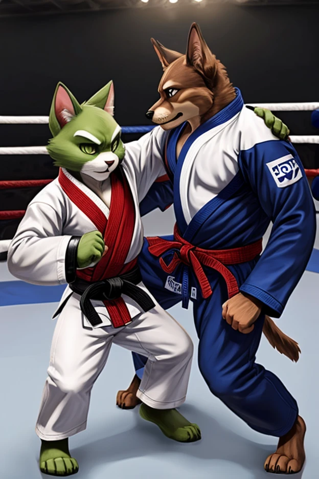 A group of young boys wearing black kimono, barefoot and entranced, in a judo class under the watchful gaze of their evil teacher. Their minds have been twisted and manipulated, as they sit, drooling and mesmerized, their nice paws with short claws twitching. The green glow in their eyes is a clear indication of their brainwashed state.