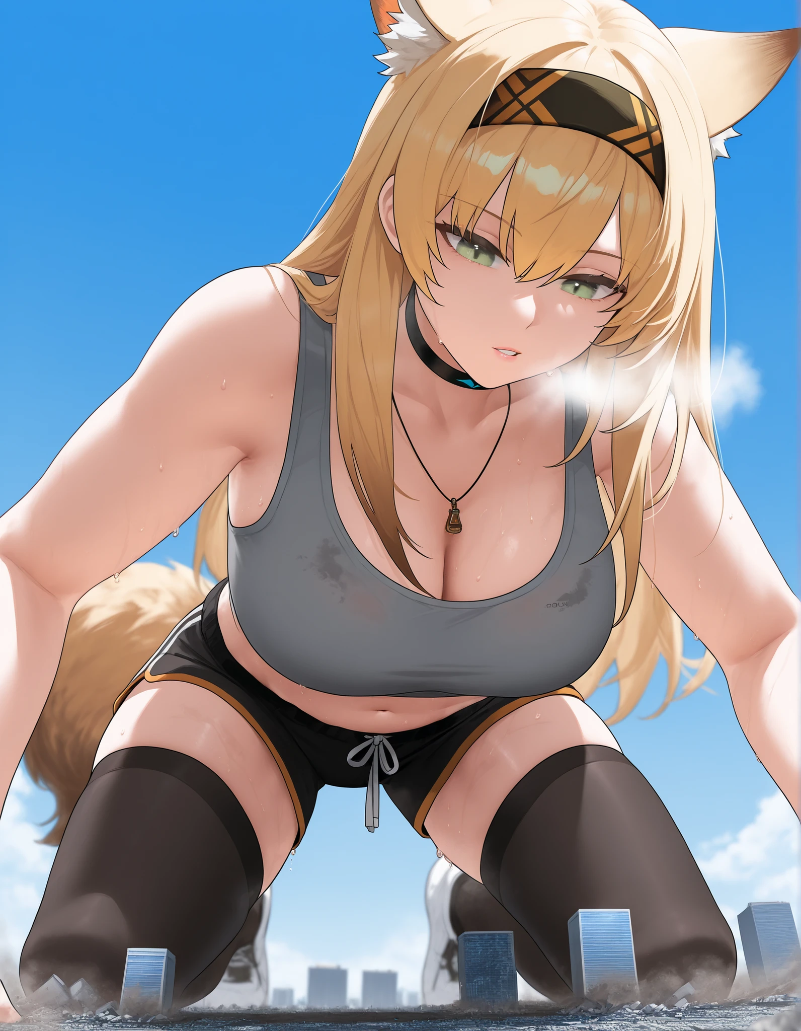 (giantess:1.2), ,(Clothes with fine rubble:1.2),dirty chest ,, cleavage,(dirty clothes:1.2),microcity, Women bigger than cities , score_9_up, score_8_up, score_7_up, source_anime, 1girl, solo, Horn_Arknights, sweaty, doing push up, exercising, parted lips, breath, hairband, blonde hair, long hair, wolf ears, wolf tail, black choker, grey tank top , navel, necklace, black thighhighs, open clothes, Outdoors, grayish light green eyes, blue sky, full body, Woman destroying a city, masterpiece, best quality ,,(from below:1.4)