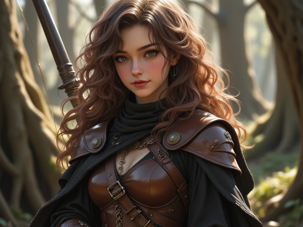 In the style of attack on titan. A woman with long brown wavy hair down to her ass. She looks sexy and she has dark green eyes.