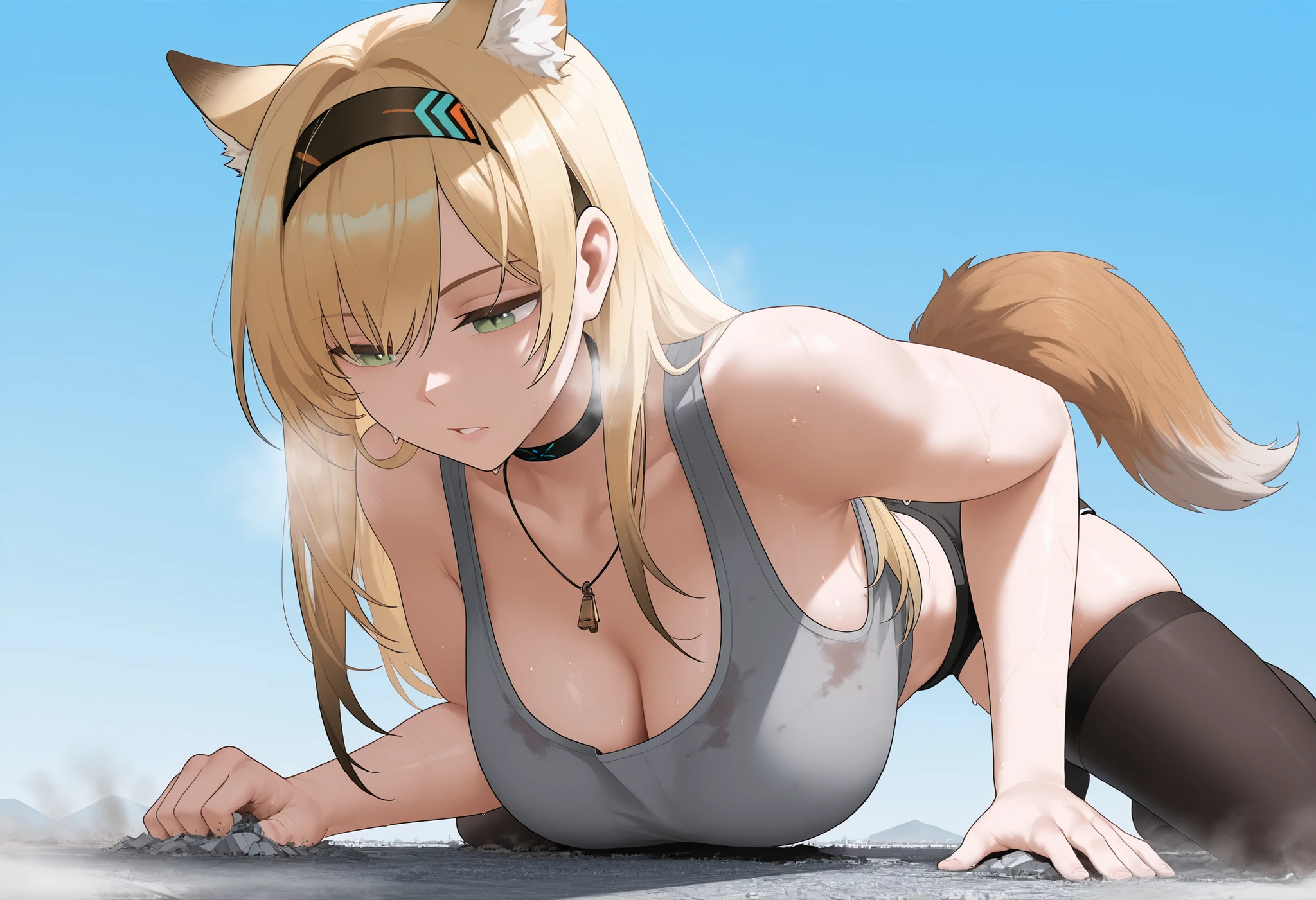 (giantess:1.2), ,(Clothes with fine rubble:1.2),dirty chest ,, cleavage,(dirty clothes:1.2),microcity, Women bigger than cities , score_9_up, score_8_up, score_7_up, source_anime, 1girl, solo, Horn_Arknights, sweaty, doing push up, exercising, parted lips, breath, hairband, blonde hair, long hair, wolf ears, wolf tail, black choker, grey tank top , navel, necklace, black thighhighs, open clothes, Outdoors, grayish light green eyes, blue sky, full body, Woman destroying a city, masterpiece, best quality ,,(from below:1.1)