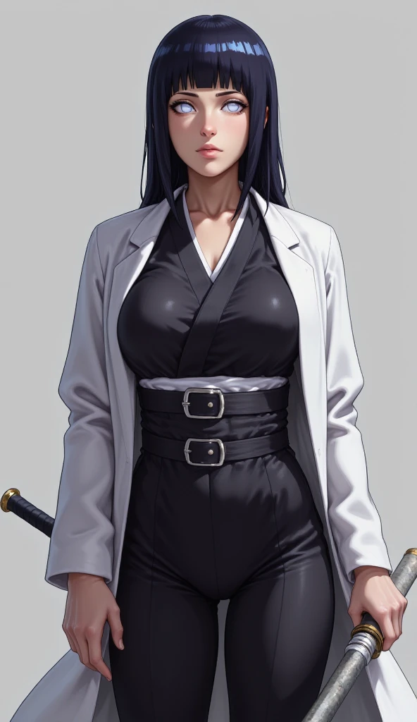 full body, 1 Woman in black costume with white pants, dressed as a maid/Ninja, big breasts, staring at the viewer, holding a katana attached to a chain, she has short purple hair and blue eyes, she is in a dark alley with bandits in the background, grimace, Unreal Engine 5, Mortal Kombat, anime, Action painting, Suprematism, anatomically correct, 16k, masterpiece, best quality, high details, UHD, ccurate