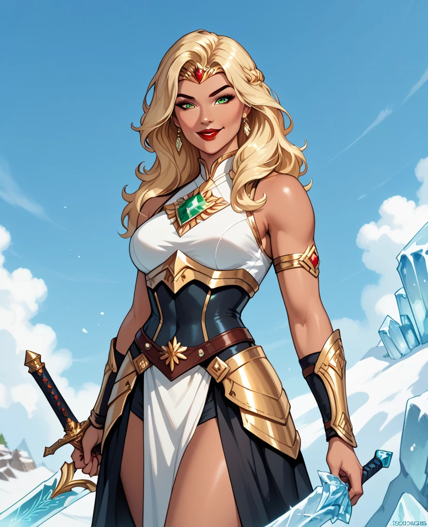 Thin woman, age 25, 4K (High definition), thoughtful, seducing gaze, greeneyes, wearing a tiara and a royal dress (gray and gold) with a boat neckline and long sleeves, choker on the neck, brown belt, Caucasian skin, long blonde hair, standing (upper body), full of curves with freckles across her chest and neck. Marvel style high quality, forest in the background.