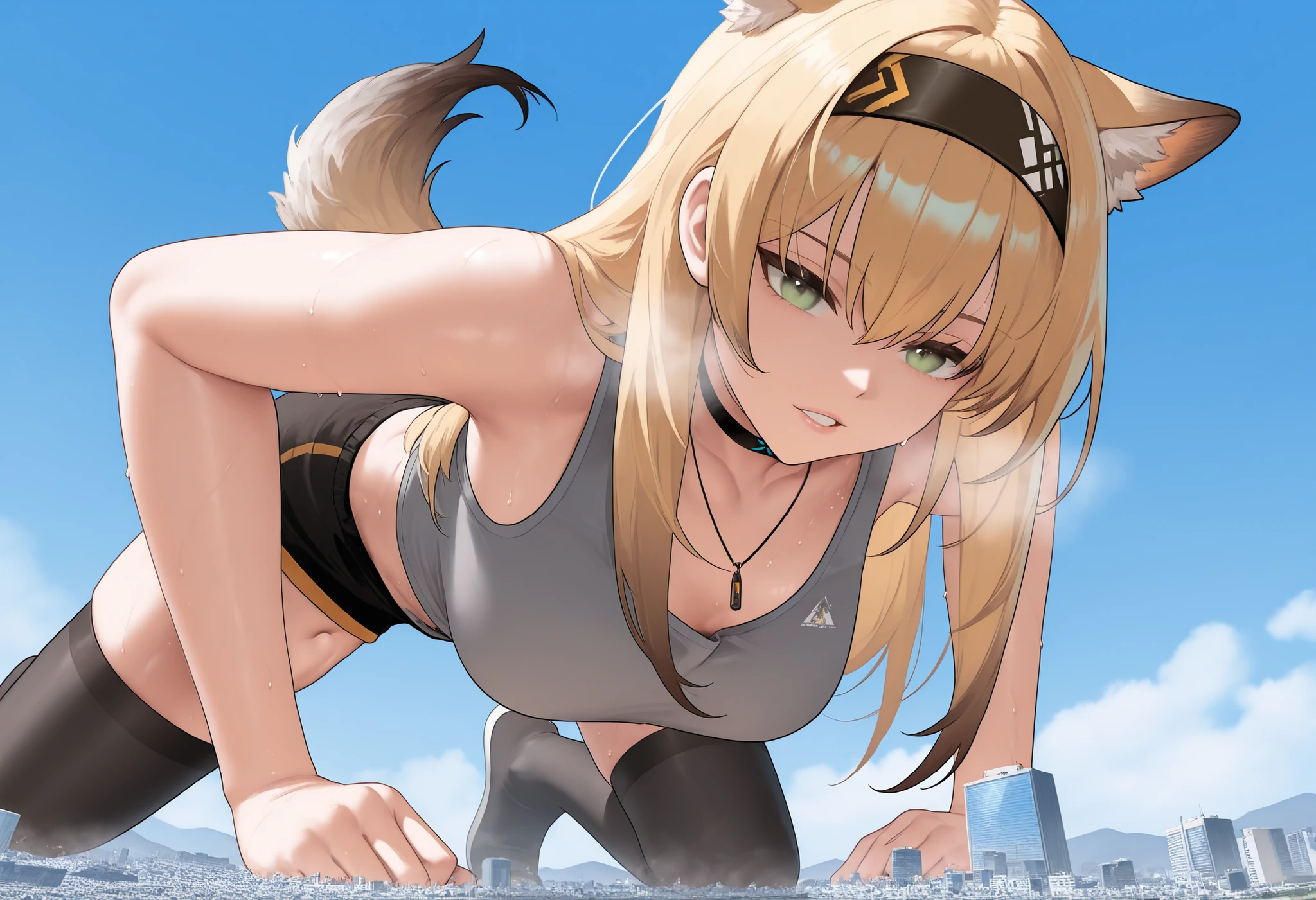 (giantess:1.2), microcity, Women bigger than cities , score_9_up, score_8_up, score_7_up, source_anime, 1girl, solo, Horn_Arknights, sweaty, doing push up, exercising, parted lips, breath, hairband, blonde hair, long hair, wolf ears, wolf tail, black choker, grey tank top, navel, necklace, black thighhighs, open clothes, Outdoors, grayish light green eyes, blue sky, full body, Woman destroying a city, masterpiece, best quality ,,(from below:1.1),細かな瓦礫の付いた服,汚れた胸,