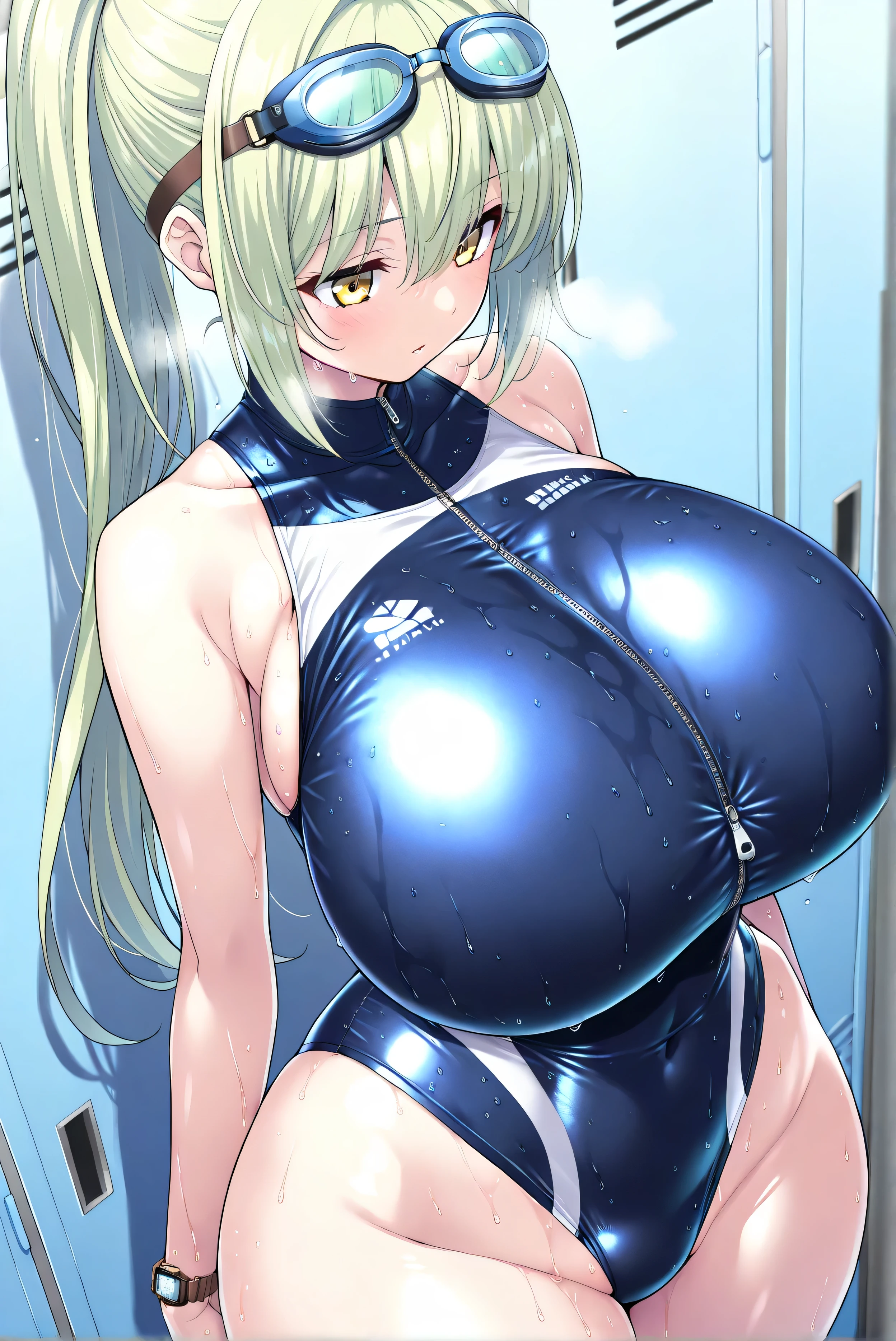 masterpiece, highest quality, High resolution, 1 girl, blonde hair, medium hair, short twin tails, Braid,wearing school Backpack, (Backpack:1.1), red Backpack (masterpiece, highest quality, be familiar with), (((anime screenshot:1.10))), 1 girl, (Fletcher MKIIKC ), ((low length:1.5)), ((slender body:1.5))(long hair:1.2), (hair ornaments:1.2), (alone:1.5), ((huge saggy breasts:1.5)), (swollen nipples:1.5), (huge areola:1.5), ((((A disabled person in a blue high-cut swimsuit:1.50)))), (((latex:1.10))), cute smile, Happy, (blush:1.3), (Within the same day:1.5), (((squat:1.10))), (raise your arms, behind the head:1.2), ((chest comes out:1.5)), (((NSFW))), (cute smile, Happy, in the heat:1.10), (spread your legs:1.10), (((sweat a lot:1.20))), (shiny skin:1.10), (shiny body:1.5), (high heels:1.5), ((shiny clothes:1.5)),