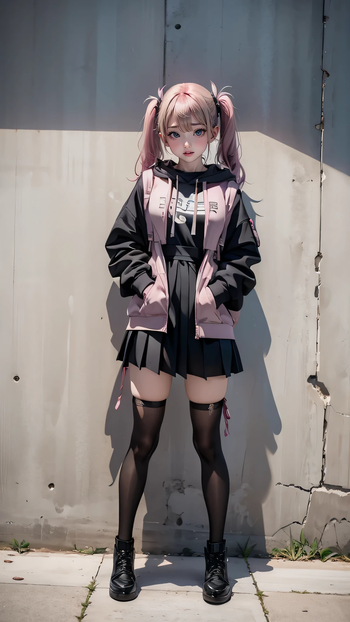 (1girl:1.3), (split_hair:1.3), pink_hair, purple_hair, twintails, twin_drills, hair_rings, oversized_hoodie, purple_hoodie, pleated_skirt, black_skirt, leg_garter, black_platform_boots, loose_socks, black_nail_polish, standing_pose, BREAK, concrete_wall, grunge_background, fashion_photography_style, BREAK, full_body, front_view, static_pose, BREAK,ray tracing, UHD, retina, masterpiece, accurate, anatomically correct, very aesthetic, high resolution, ultra-detailed, absurdres, detailed textures, digital painting, ultra-detailed,newest,textured skin, super detail, high details, high quality, best quality, highres, 1080P, HD, 16k
