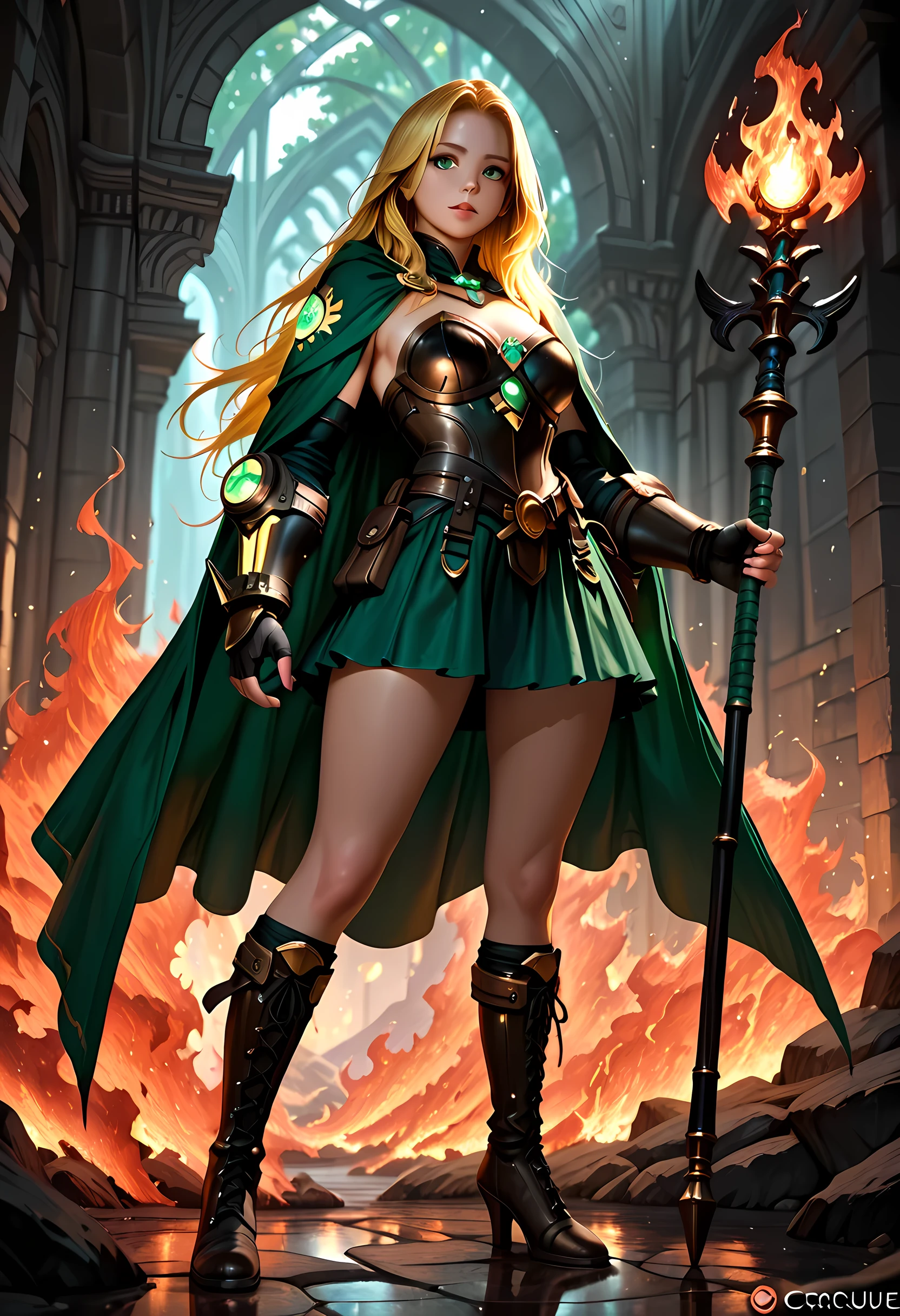 full body picture of olo woman druid, intense details facial details, exquisite beauty, cleric of nature female, ((yellow hair: 1.5)), long hair,  (green eyes: 1.3), armed with a fiery staff, red fire, wearing (druid combat vestments: 1.5), wearing high heeled laced boots, wearing an (green cloak:1.3), wearing glowing holy symbol, manipulating fiery runes, fiery energy fantasy art, dnd art, RPG art, wide shot, (masterpiece: 1.4) intense details, highly detailed, photorealistic, best quality, highres, within fantasy temple of nature background, reflection light, high details, best quality, 16k, [ultra detailed], masterpiece, best quality, (extremely detailed), close up, ultra wide shot, photorealistic, RAW, fantasy art, dnd art, fantasy art, realistic art,((best quality)), ((masterpiece)), (detailed), perfect face, LOAsuccXL, strapless, short skirt, lace up stilettos, fantasy, Cinematic Shot, 1girl, solo,