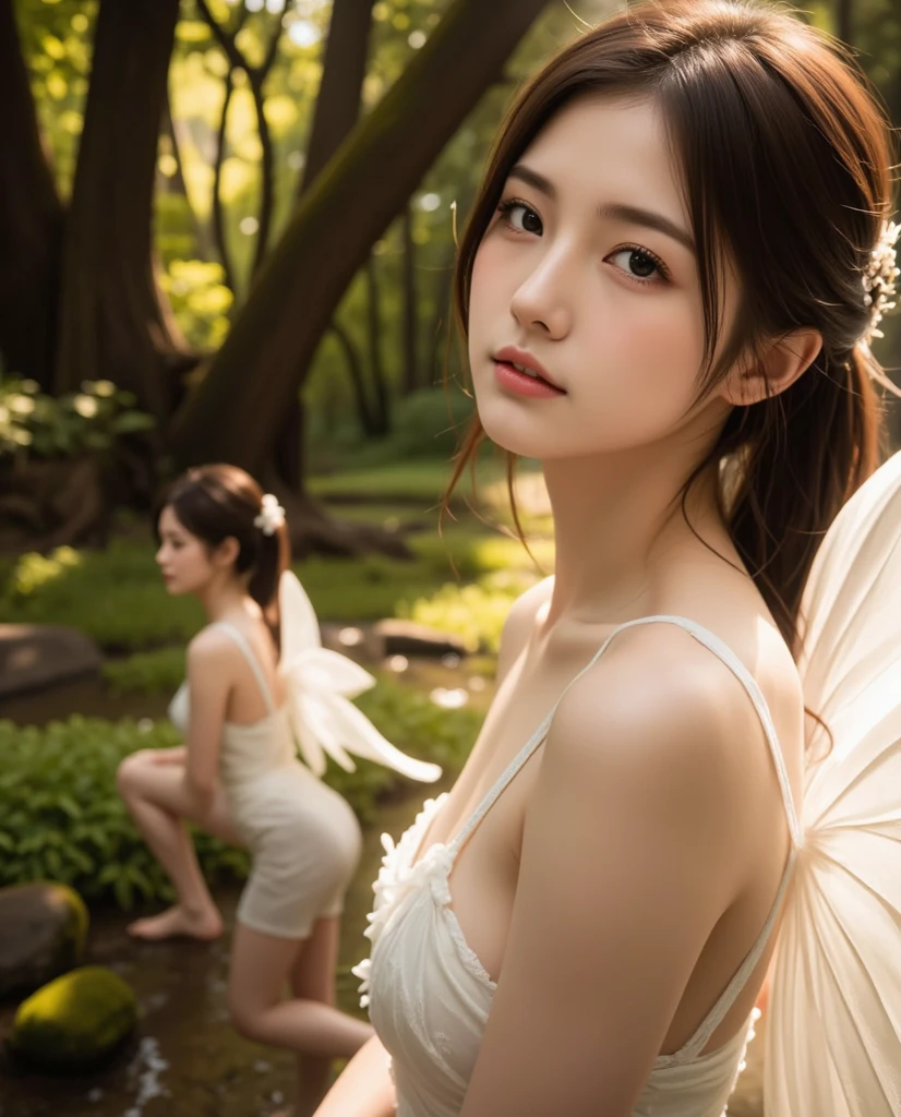 Fairiy with a Japanese face, ((best quality)), ((masterpiece)), (detailed), realistic, photo, ethereal beauty,cute,(black hair:1.1), (black eyes:1.1),Light colored dress,(transparent fairy wings:1.2), exquisite and beautiful face, exquisite collarbone, seductive and delicate collarbone, charming fragrant shoulders, shoulders slightly exposed,peach Red lips,(smile:1.2),belly button,pale snow white skin, pale milky white porcelain skin, (smooth translucent white skin:0.4)