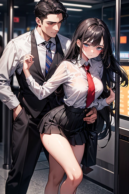 (SFW), ((photorealistic)), (masterpiece), (best quality:1.3), absurdness, [:intricate details1.3], SFW, realistic, masterpiece, (((VERY crowded subway train interior detailed scenario, VERY crowded subway train interior detailed background))), standing insanely hot (young small girl1) using sexy ((skirt)), ((behind skirt lifted)), ((3/4 white stockings)), ((big ass)), ((thick thighs)), ((fear/shocked expression)), (blushed face), (perfect body proportions)), old small man ass groping young small girl 1 from behind, (((old small man pressing his chest on young woman 1 back))) and (((holding her waist behind her)))