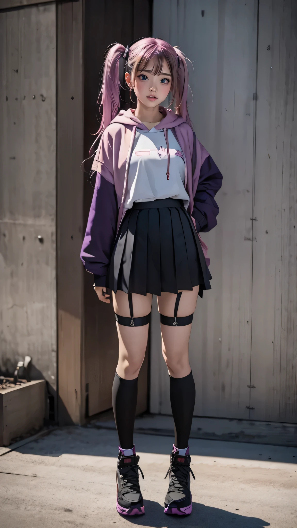 (1girl:1.3), (split_hair:1.3), pink_hair, purple_hair, twintails, twin_drills, hair_rings, oversized_hoodie, purple_hoodie, pleated_skirt, black_skirt, leg_garter, black_platform_boots, loose_socks, black_nail_polish, standing_pose, BREAK, concrete_wall, grunge_background, fashion_photography_style, BREAK, full_body, front_view, static_pose, BREAK,ray tracing, UHD, retina, masterpiece, accurate, anatomically correct, very aesthetic, high resolution, ultra-detailed, absurdres, detailed textures, digital painting, ultra-detailed,newest,textured skin, super detail, high details, high quality, best quality, highres, 1080P, HD, 16k