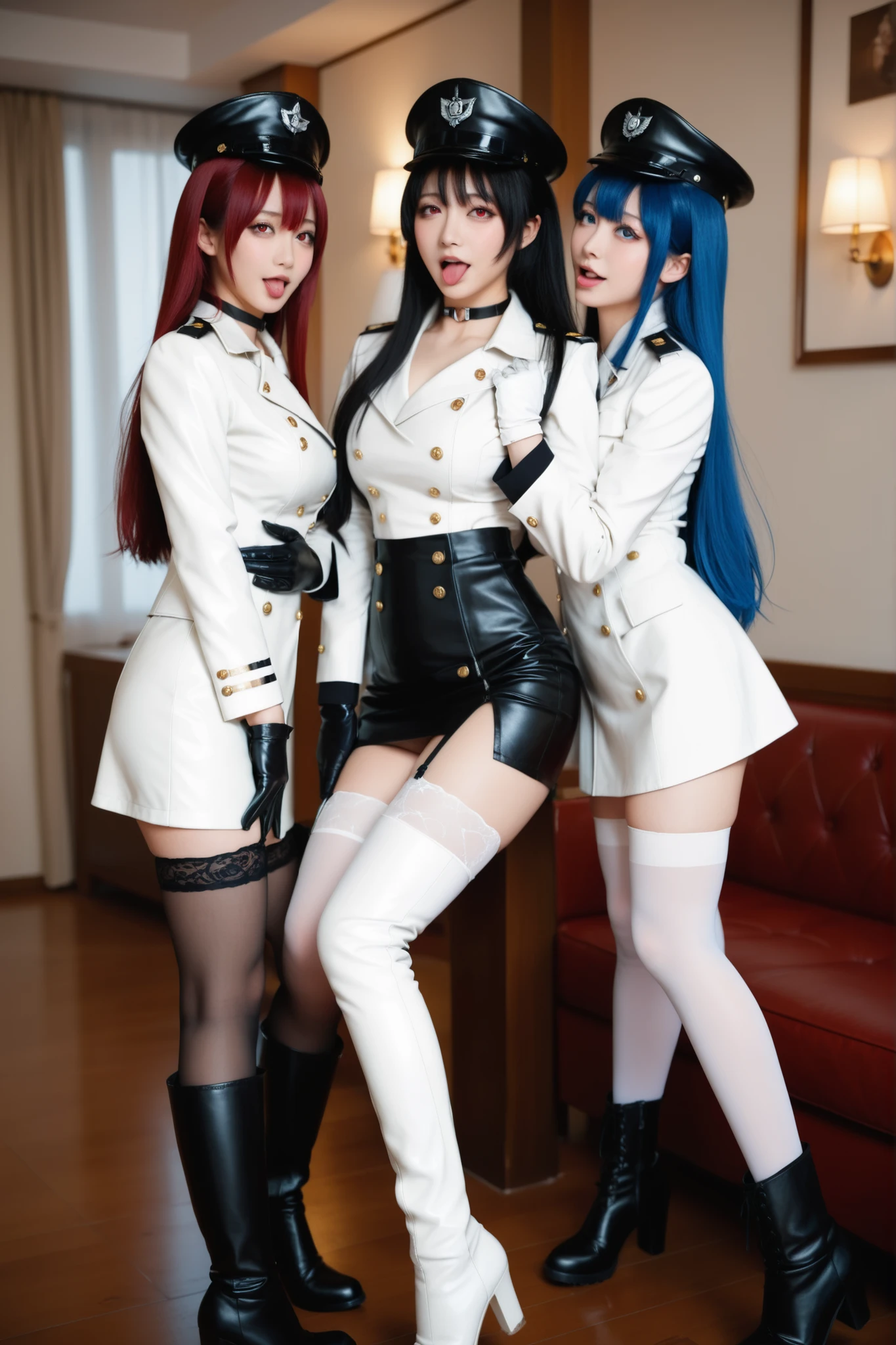 4K, high quality, super detailed, Best Quality, face detailed, Akame  ga kill, three girls, (1female : esdes , white leather jacket, Wearing a White Leather Skirt,  White Leather Boots , white leather gloves, Futanari,   long blue hair  , left blue eye , right red eye,  grab the hair , cream pie in the prefecture, Military uniform,  military hat , white neck choker, white garter stockings), (2 girls : Akame , long red hair inside a motel, white leather boots, black leather skirt, black leather boots, black leather gloves , black neck shocker,  military hat , Military uniform,  Black garter stockings ), Black Mask, wet skin, Night bedroom , ahegao,  sex, 3P, masturbation, cream pie in the prefecture, leather reflection