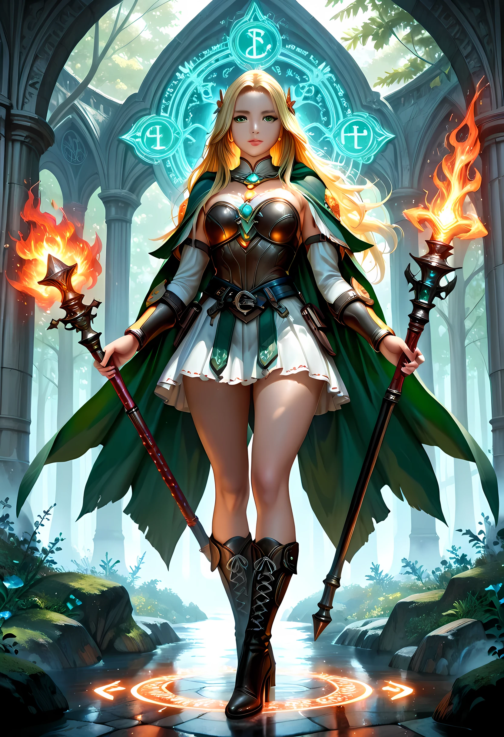 full body picture of olo woman druid, intense details facial details, exquisite beauty, cleric of nature female, ((yellow hair: 1.5)), long hair,  (green eyes: 1.3), armed with a fiery staff, red fire, wearing (druid combat vestments: 1.5), wearing high heeled laced boots, wearing an (green cloak:1.3), wearing glowing holy symbol, manipulating fiery runes, fiery energy fantasy art, dnd art, RPG art, wide shot, (masterpiece: 1.4) intense details, highly detailed, photorealistic, best quality, highres, within fantasy temple of nature background, reflection light, high details, best quality, 16k, [ultra detailed], masterpiece, best quality, (extremely detailed), close up, ultra wide shot, photorealistic, RAW, fantasy art, dnd art, fantasy art, realistic art,((best quality)), ((masterpiece)), (detailed), perfect face, LOAsuccXL, strapless, short skirt, lace up stilettos, fantasy, Cinematic Shot, dvr-hgh-fnt