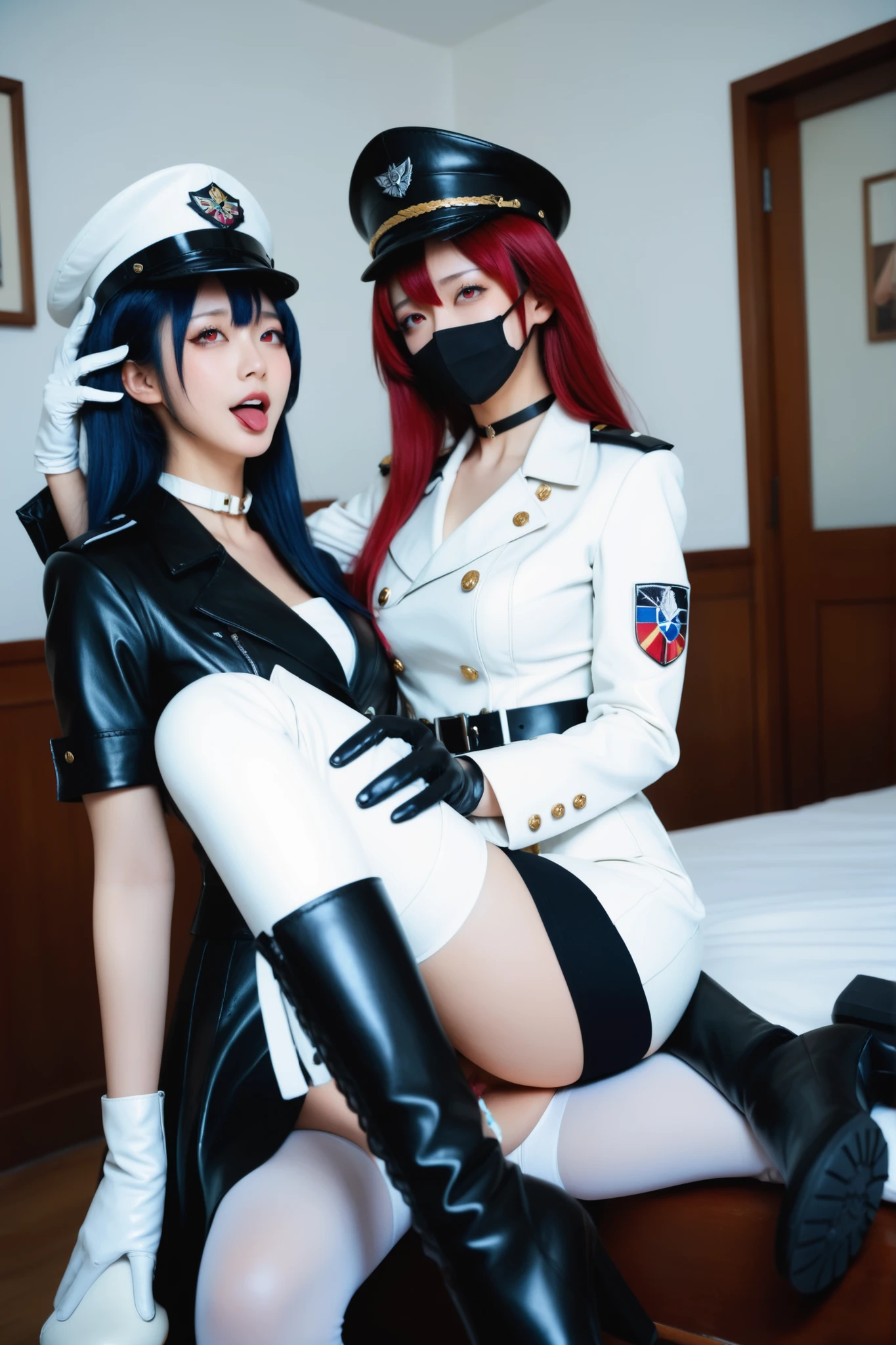 4K, high quality, super detailed, Best Quality, face detailed, Akame ga kill, three girls, (1female : esdes , white leather jacket, Wearing a White Leather Skirt, White Leather Boots , white leather gloves, Futanari, long blue hair , left blue eye , right red eye, grab the hair , cream pie in the prefecture, Military uniform, military hat , white neck choker, white garter stockings), (2 girls : Akame , long red hair inside a motel, white leather boots, black leather skirt, black leather boots, black leather gloves , black neck shocker, military hat , Military uniform, Black garter stockings ), Black Mask, wet skin, Night bedroom , ahegao, sex, 3P, masturbation, cream pie in the prefecture, leather reflection