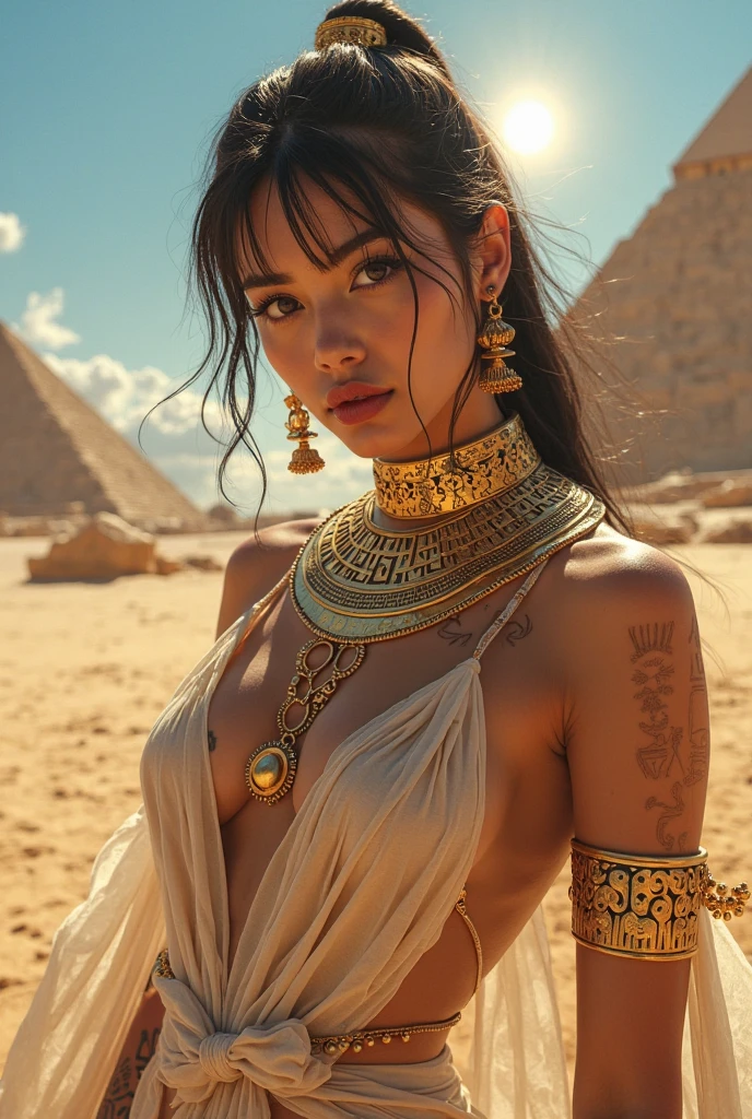 Close up shot , looking at viewer, A beautiful ancient Egyptian woman wearing traditional ethnic clothing, such as a kalasiris or sheath dress, adorned with jewelry and standing in a serene and picturesque setting. The scene should highlight the elegance and cultural richness of ancient Egyptian heritage
,(textured skin , HI detailed skin, foreshortening, Canon, 8k, anatomically correct, super detail, high details, highness)