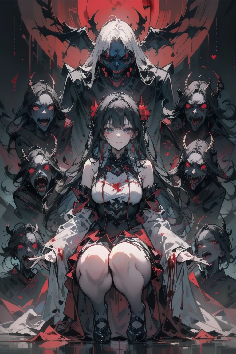 ghost,Goblins,ghost,Monster Girl,Night Parade of One Hundred Demons,ghost女孩,很多Monster Girl,Cute girl,Cute female ghost,Japanese style,Chinese style,Horror style,Smile,Smiling,night,Big breasts,Wide crotch,thigh,thigh,High slit,Horror atmosphere,Blood,Blood,Blood-stained clothing,Bloody Clothes,Ragged clothes,Cute girl,Horror backgrounds,Goblins背景,Ghost Background,Street background,Ragged clothes,Dead Tree,Goblins背景,There are many monsters in the background,Spooky style,Chinese folk horror,Glowing eyes,Upper body close-up,Multiplayer特写,Multiplayer,Horror style,Multiplayer,Extreme Light and Shadow