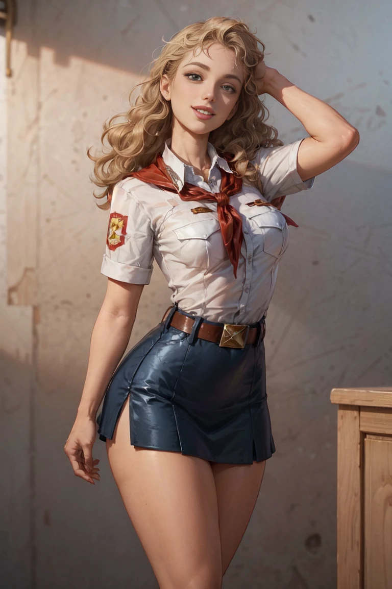 8 K, high image detail, (plump smiling lips:1.1), Look at yourself, perfect , mouth wide open, thin and graceful hands, neat palms, perfect hands, holds his hands behind his head, Neat legs, pioneer neckerchief, bang, shirt, clavicle, very tight white shirt, Short sleeves, collared shirt, eyelashes, red neckerchief, chest pocket, slender girl, Long legs, tight micro skirt, blue skirt, belt, long light hair, curly hair, Big glowing blue eyes, full body shot, Элиберк90-е