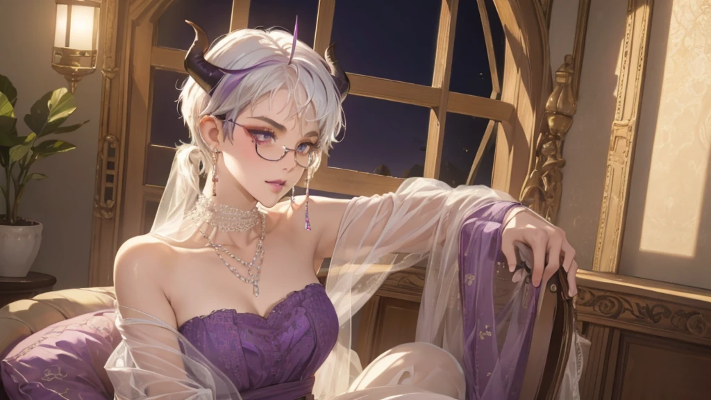 8k, masterpiece, best quality, highly detailed, 1 girl, tiefling, warlock, multicolored hair, very short straight hair green highlight hair on white hair, strippled hair, wearing glasses, round glasses, earrings, long dress with side cut, lace dress, red eyeshadow, long eyelashes,navel piercing, blushed cheek, necklace, collarbone, high heels, mole, glamorous, purple and teal clothing, villainy, smirk, seductive face, close up view, rings, looking at viewer, standing, demon horns, solo, hand touching cheek, school, black lace gloves, holding book, sensei, miniskirt.