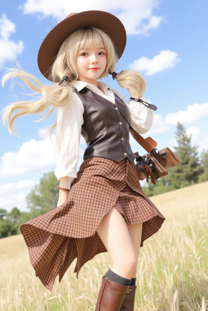 beautiful, masterpiece, best quality,Girls child 10 years old, Russian blonde in braids, with red jacket outfit, farmer's hat, holding wheat in her hands, hay rolls on the floor, horse, milk cans, barn, apples.