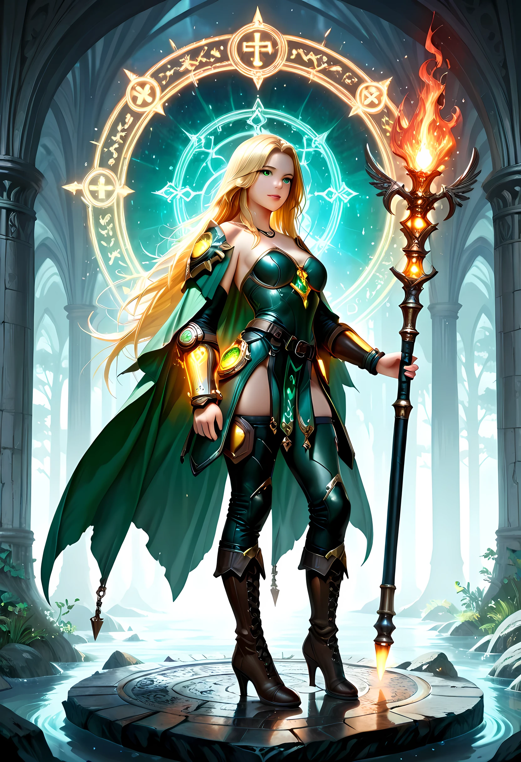 full body picture of olo woman druid, intense details facial details, exquisite beauty, cleric of nature female, ((yellow hair: 1.5)), long hair,  (green eyes: 1.3), armed with a fiery staff, red fire, wearing (druid combat vestments: 1.5), wearing high heeled laced boots, wearing an (green cloak:1.3), wearing glowing holy symbol, manipulating fiery runes, fiery energy fantasy art, dnd art, RPG art, wide shot, (masterpiece: 1.4) intense details, highly detailed, photorealistic, best quality, highres, within fantasy temple of nature background, reflection light, high details, best quality, 16k, [ultra detailed], masterpiece, best quality, (extremely detailed), close up, ultra wide shot, photorealistic, RAW, fantasy art, dnd art, fantasy art, realistic art,((best quality)), ((masterpiece)), (detailed), perfect face, LOAsuccXL, strapless, lace up stilettos, fantasy, Cinematic Shot, dvr-hgh-fnt