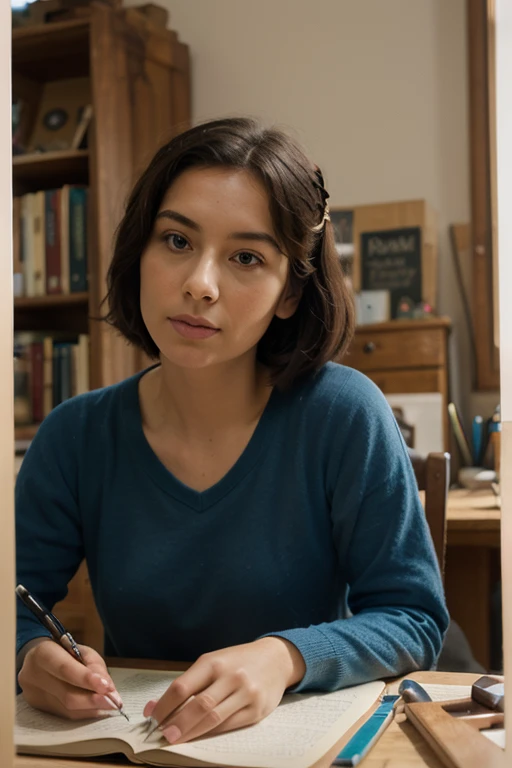 arafed woman sitting at a table with a pen and notebook, amelie poulain, film still from harry potter, high quality film still, still from harry potter, inspiring art, young audrey hepburn, colourised, student, colourized, stunning art, old color photo, inspired by Amédée Ozenfant, annie leibowitz