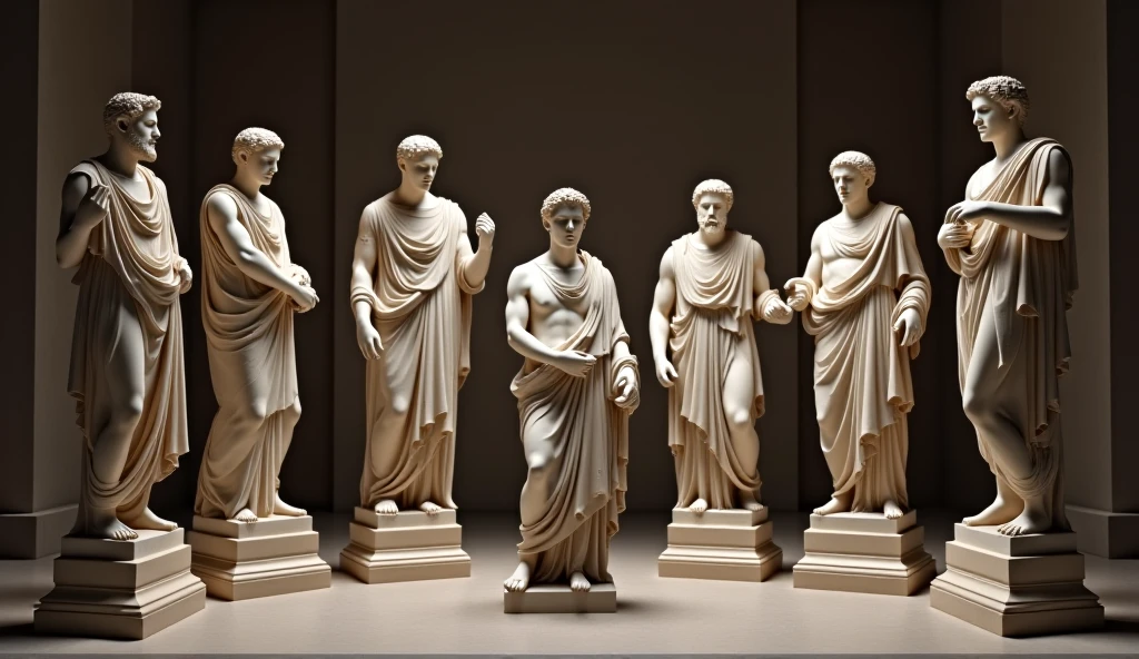 I want a sculpture of stoic philosophers with a black and white background. The picture should focus on the philosphers holding money or in a meeting and showing wealth. It should be a full-body sculpture with walls or buildings in the back ground. Hyper realistic wearing the gold chain glasses several gold coin scattered on the floor Best for creating fairy horse style and sharp lines.