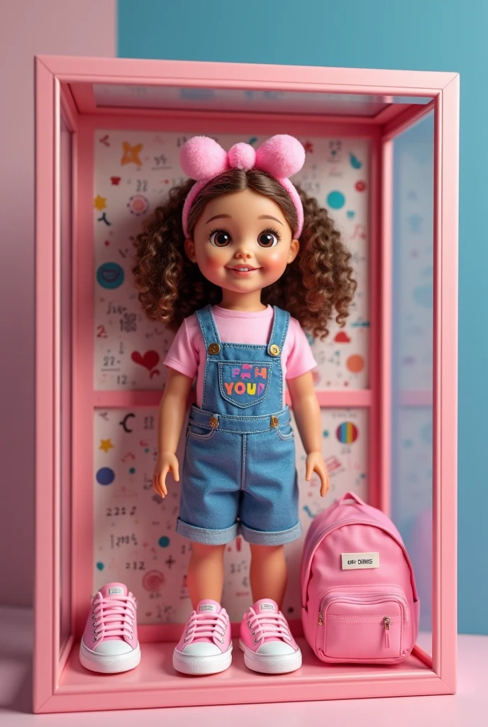 best qualityer:1.4), (ultra high resolution:1.2), (photorrealistic:1.4), (8k, CRU photo:1.2), 1 white 8 year old child, dark brown hair down with a boxer braid, a pink long sleeve blouse, a denim dungaree on top, is wearing pink All Star sneakers. It&#39;s in the white photography studio. She is sitting on a pink chair. On the wall there is a pink balloon shaped like the number 8. It&#39;s a medium sized one 