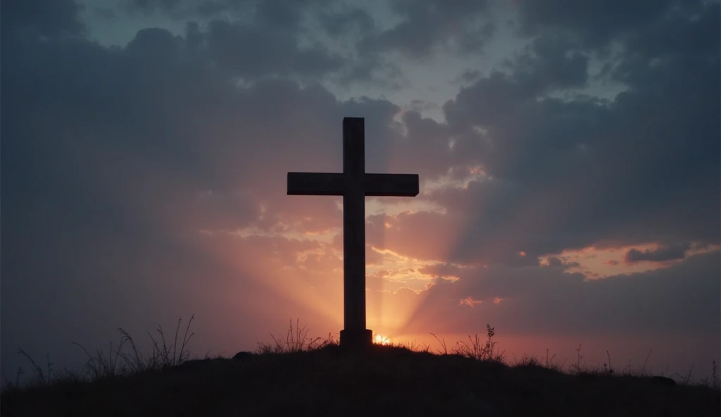 Cross where Jesus was crucified in high definition with the sunset in the background , paisaje realista, Corona de espinas en la cruz