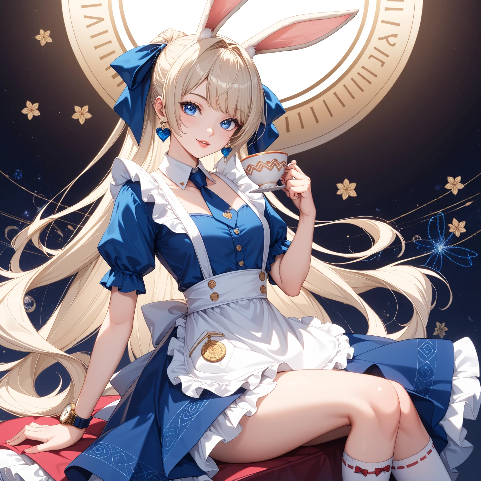 (masuter piece、top-quality、Mystical、Beautifully Aesthetic、offcial art、Impresionismo、von gogh:1.2)、(1 girl in:1.3)、(Fractal Art:1.4)、shinny skin、patterns、(alice in the wonderland:1.2)、(bunny rabbit、Siamese cat、PlayingCards、tea cup、pocket watch:0.8)、(Tie your hair with a ribbon、Blue Dress、a miniskirt、beauty legs、White Apron、white sock、platinum-blonde、Blue eyes)、Exotic wallpapers、highly colorful、Abstract background、Fantastical