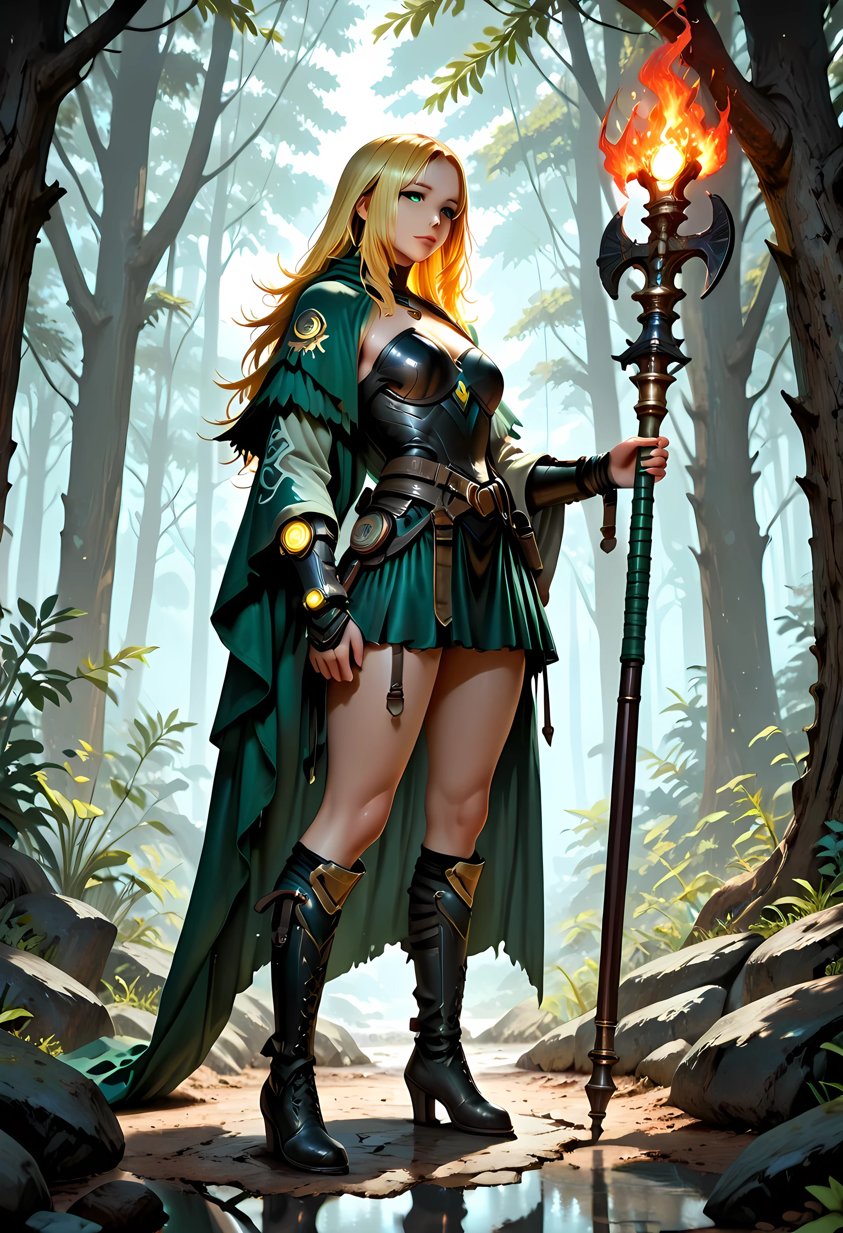 full body picture of olo woman druid, intense details facial details, exquisite beauty, cleric of nature female, ((yellow hair: 1.5)), long hair,  (green eyes: 1.3), armed with a fiery staff, red fire,  wearing (druid combat vestments: 1.5), wearing high heeled laced boots, wearing an (green cloak:1.3), wearing glowing holy symbol, manipulating fiery runes, fiery energy,  fantasy art, dnd art, RPG art, wide shot, (masterpiece: 1.4) intense details, highly detailed, photorealistic, best quality, highres, within fantasy temple of nature background, reflection light, high details, best quality, 16k, [ultra detailed], masterpiece, best quality, (extremely detailed), close up, ultra wide shot, photorealistic, RAW, fantasy art, dnd art, fantasy art, realistic art,((best quality)), ((masterpiece)), (detailed), perfect face, LOAsuccXL, strapless, short skirt, lace up stilettos, fantasy, Cinematic Shot, dvr-hgh-fnt