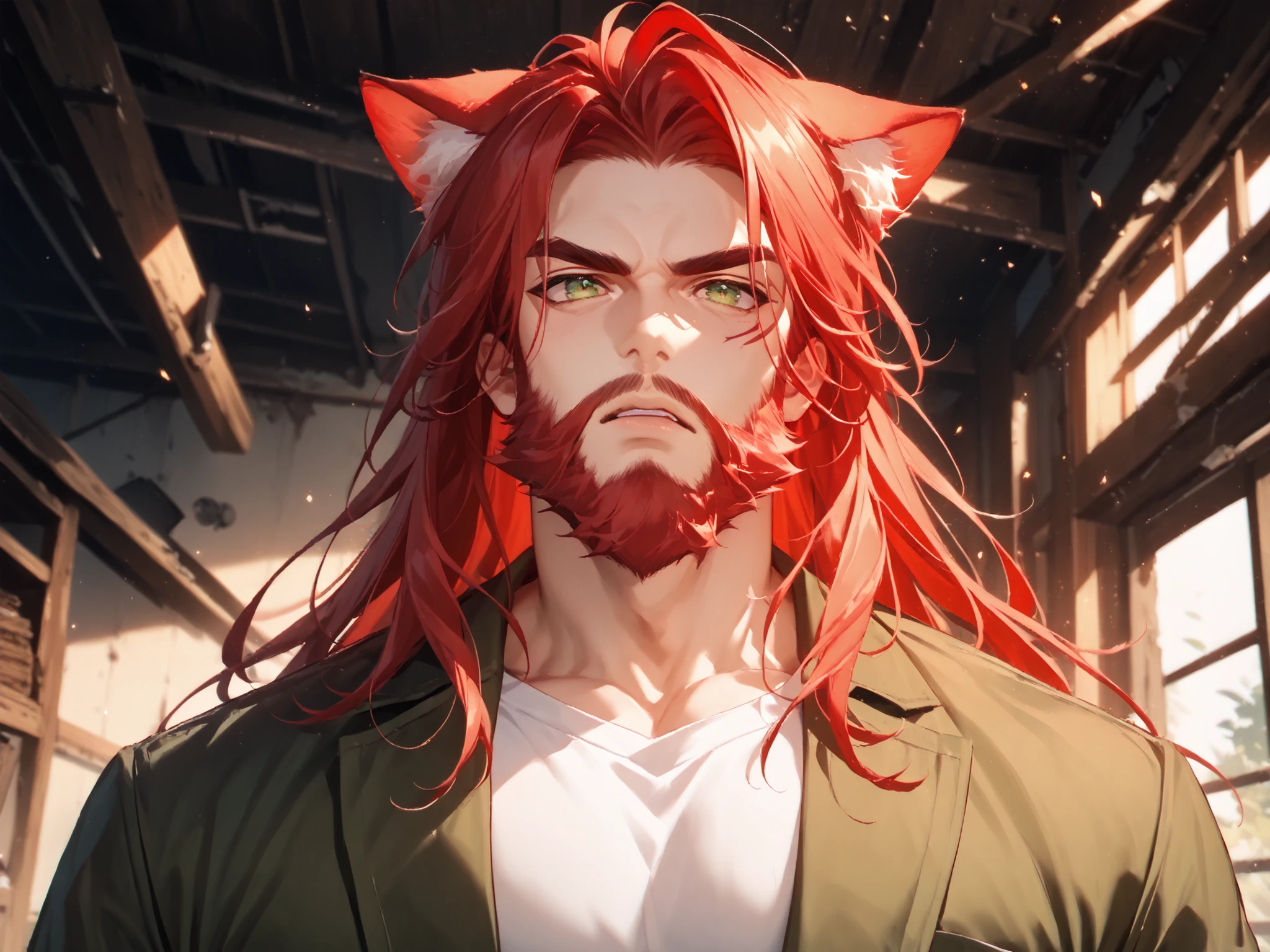 Character: solo, 1boy, cat-boy, demi-human, adult, cat eyes, green eyes ((Eyes with high detail, no defects, pupils of equal size)), stern, old, daddy, manly, red beard, lush beard, big beard, long beard, facial hair, facial wrinkles, full lips, red hair, long hair, mane, (red cat ears), rough face, ((hair covers ears)), toned, white shirt, khaki-green jacket, ripped jeans. Background: abandoned house, indoors, day, particles, fractal, best quality, 8k, highres, masterpiece, ultra-detailed, dramatic lighting