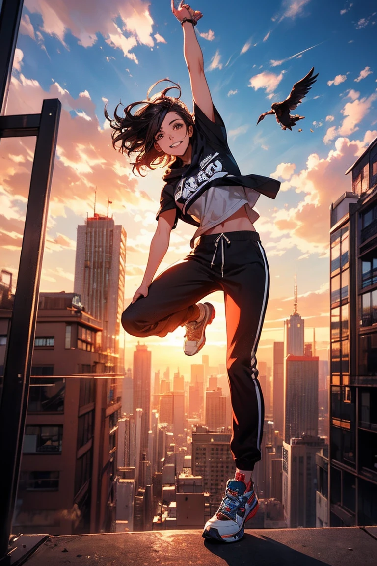 quality\(8k,wallpaper of extremely detailed CG unit, masterpiece,hight resolution,top-quality,top-quality real texture skin,hyper realisitic,increase the resolution,RAW photos,best qualtiy,highly detailed,the wallpaper,cinematic lighting,ray trace,golden ratio\), BREAK ,solo,1girl\(ponytail, long hair, floating hair, beautiful eyes, big eyes, short shirts, cargo pants, smiling,wearing cap, (athletes of parkour:1.5), running the edge of the skyscraper, muscular,\), BREAK , from above, ground looks far away, beautiful view, horrible view,(dynamic pose:1.4), (dynamic angle:1.4), urban cityscape,daytime,long shot