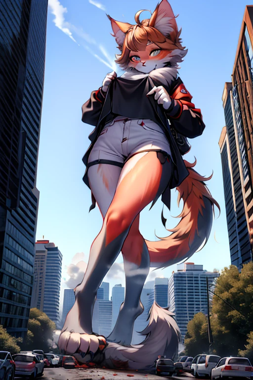 A 30-meter-tall cat girl with bare foot （fluffy kitten paws） (nekomimi/cat ears, fluffy tail and human face),beautiful yet terrifying,glowing amber eyes,furry paws,strands of hair floating in the wind,round pupils with starry sparkles, wearing a poofy pastel sweater and denim shorts, fluffy tail curled upward playfully,mid-stride with one paw stepping on a car.soft baby animal fur texture, cotton-candy colored hair with floating cat ear fluff.Futuristic city in ruins,skyscrapers crumbling in the background,cracked asphalt roads,overturned buses and flattened cars under her paw,metal debris and explosion sparks flying,smoke and dust swirling around her legs.Some tiny kittens riding on her shoulder pointing at crushed cars with paw pads.Dramatic sunset lighting with orange-red gradients,volumetric rays piercing through dust clouds,neon lights flickering from damaged buildings,high contrast between warm light and cold metallic debris.Slow-motion capture of a car being crushed: tires exploding,windshield shattering into glass shards,twisted metal frame. Panicking crowds running in foreground,tiny humans pointing in horror,birds scattering from rooftops.Hyper-detailed concept art,mix of anime aesthetics and realistic textures,cinematic depth of field,dynamic perspective from low angle emphasizing scale,trending on ArtStation.,blood, realistic gore,Negative prompt: shoes, socks, footwear, (covered paws:1.5), (hidden toe beans:1.3), metallic footgear, (dirty soles:0.8) shoe debris:1.5