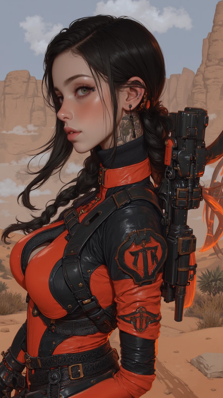 Stunning War Photograph: Award-winning capturing of a beautiful woman with piercing Sharingan eyes, a gaze laden with raw, untamed power. Her grand, cascading hair flows behind her, a testament to the fierce wind of battle. In a graceful yet deadly martial arts stance, she exudes an aura of invincibility, her gaze fixed on the distant horizon. The scene is one of war, the backdrop a chaotic whirl of smoke, ash, and the remnants of fallen foes. Her eyes - ominous portals to an unknown realm, reveal a mastery of powerful Genjutsu, her magical prowess evident in the shimmer of