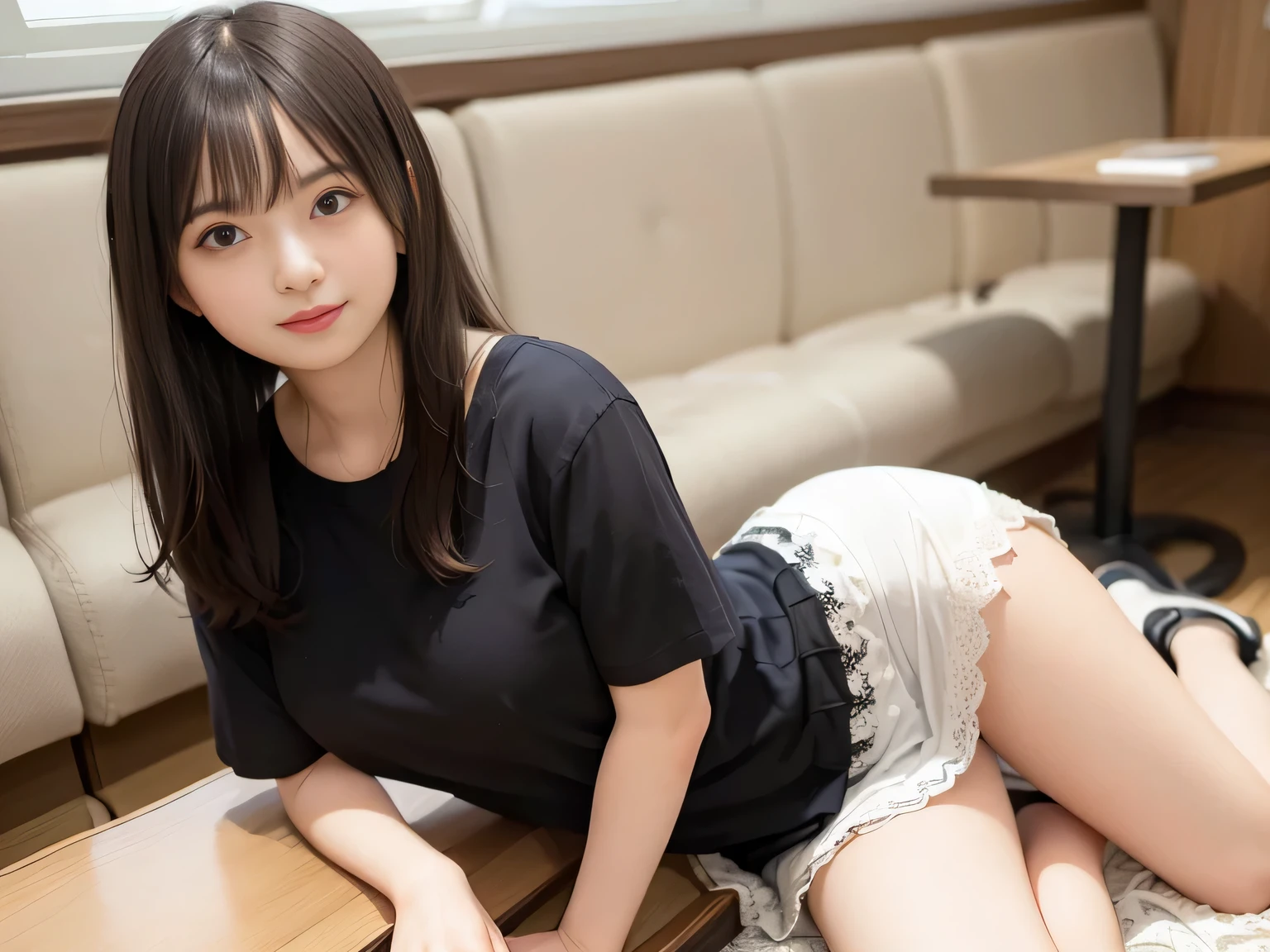 (Highest quality, masterpiece, Ultra-high resolution, 8K, RAW Photos, Realistic, Anatomically correct:1.5), 20-year-old girl:1.2, Embarrassing, avert your eyes, blush:1.0, View Viewer, ((Live Performance Venues)) 、Night view、 Light:1.2, Bokeh, Cinema Lighting:1.0, Depth of written boundary, sharp、 Cute face、Idol、Black short sleeve lace top、Black pleated skirt、Shiny black clothing、”dwarf”、(Floral clothes)、(Full Body Shot)、Side angle、Cowboy Shot、 smile、((Ultra short hair、Berry Short))、(Straight bangs)、((See-through))、(( One Girl))、Waist、I can see your thighs、Large Breasts、