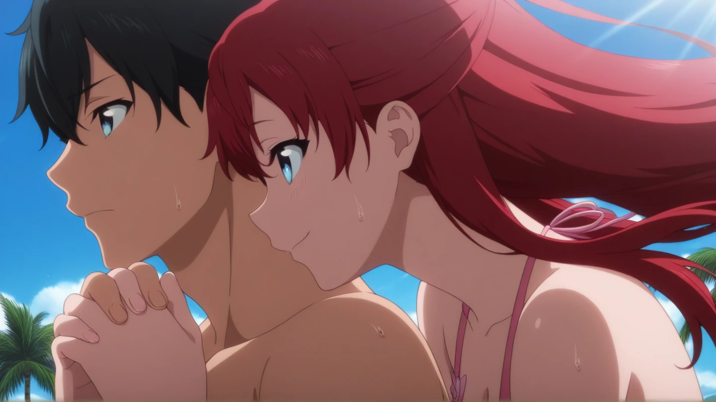 Masterpiece, Best Quality, extremely detailed, cheered up, girl,night pool,high waist bikini,SMILE,:d,action,(small breasts),ass focus nsfw