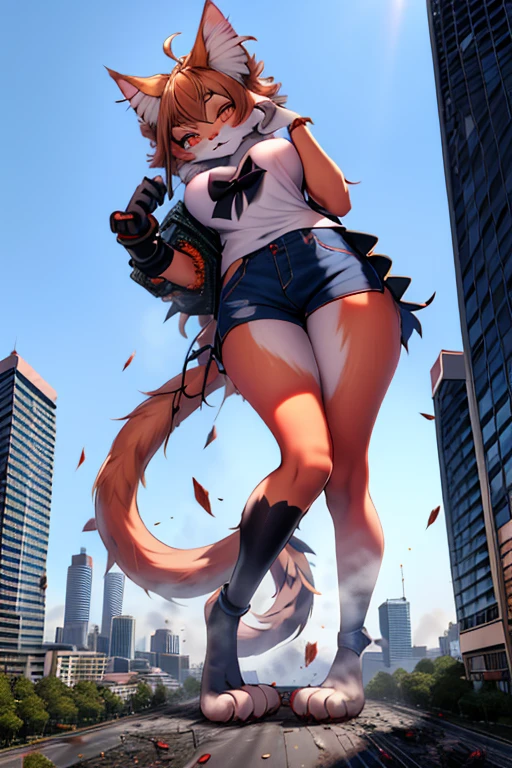 A 30-meter-tall cat girl with bare foot （fluffy kitten paws） (nekomimi/cat ears, fluffy tail and paws),beautiful yet terrifying,glowing amber eyes,furry paws,strands of hair floating in the wind,round pupils with starry sparkles, wearing a poofy pastel sweater and denim shorts, fluffy tail curled upward playfully,mid-stride with one paw crushing on a car.soft baby animal fur texture, cotton-candy colored hair with floating cat ear fluff.Futuristic city in ruins,skyscrapers crumbling in the background,cracked asphalt roads,overturned buses and flattened cars under her paw,metal debris and explosion sparks flying,smoke and dust swirling around her legs.Some tiny kittens riding on her shoulder pointing at crushed cars with paw pads.Dramatic sunset lighting with orange-red gradients,volumetric rays piercing through dust clouds,neon lights flickering from damaged buildings,high contrast between warm light and cold metallic debris.Slow-motion capture of a car being crushed: tires exploding,windshield shattering into glass shards,twisted metal frame. Panicking crowds running in foreground,tiny humans pointing in horror,birds scattering from rooftops.Hyper-detailed concept art,mix of anime aesthetics and realistic textures,cinematic depth of field,dynamic perspective from low angle emphasizing scale,trending on ArtStation.,blood, realistic gore,Negative prompt: shoes, socks, footwear, (covered paws:1.5), (hidden toe beans:1.3), metallic footgear, (dirty soles:0.8) shoe debris:1.5