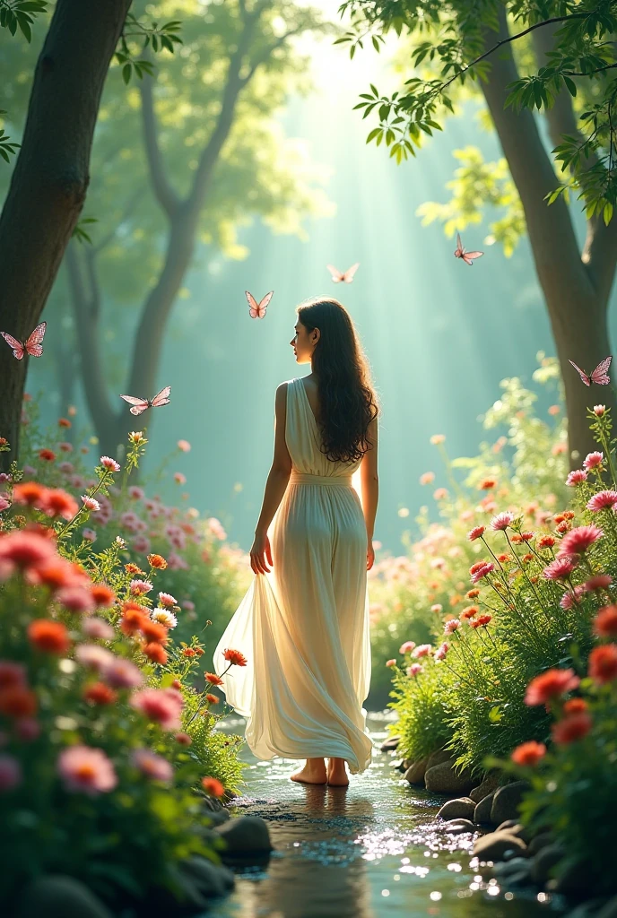surreal fantasy photo:1.4, (vibrant:1.2), (whimsical:1.2), (dreamlike:1.2), high saturation, bright colors, ethereal lighting, dynamic movement, wide-angle, imaginative, otherworldly, colorful flora, flowing fabric, 24mm lens, f/4, fantastical, enchanting, a woman in white shawl and in a flowing white dress in a vibrant, fantasy-like environment