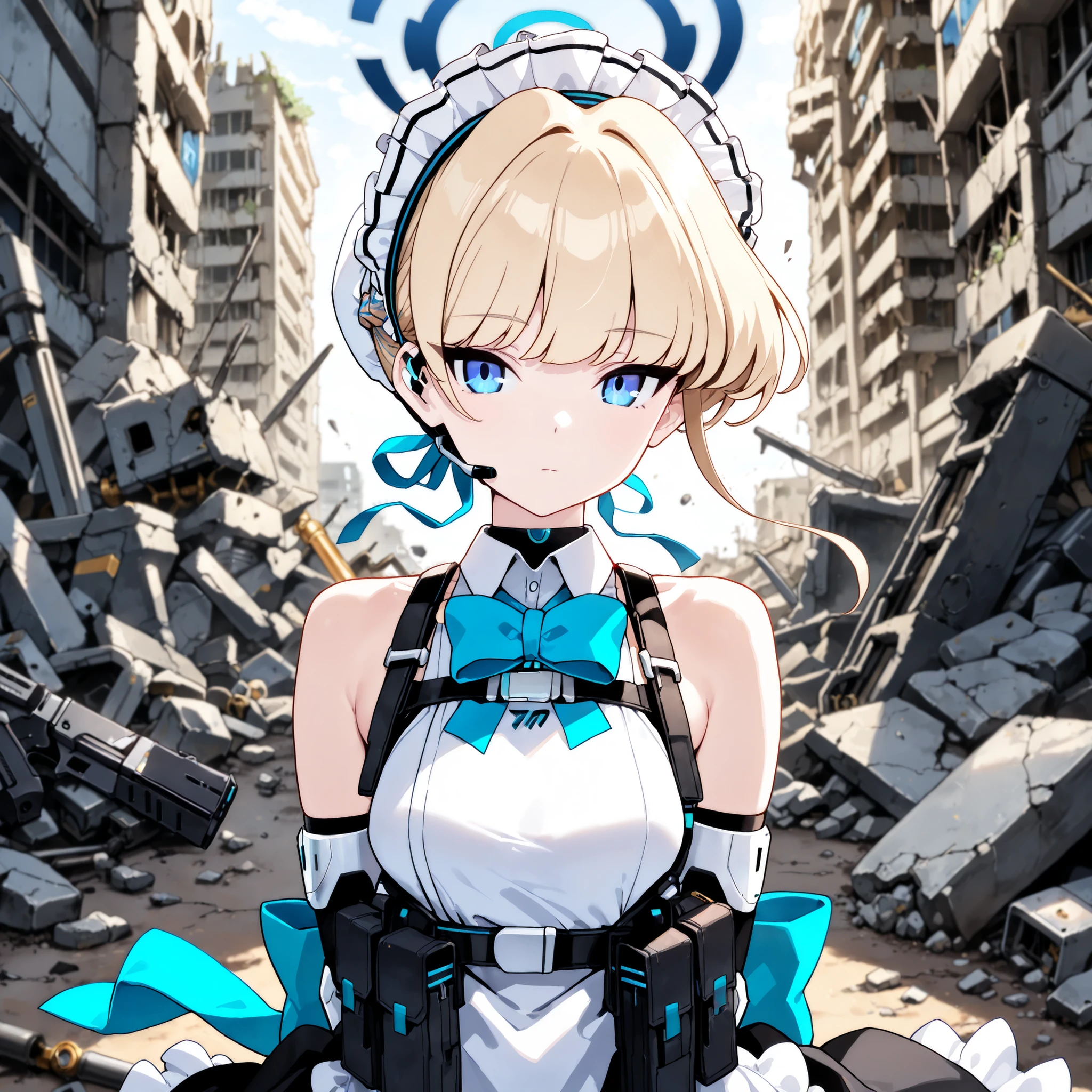 portrait,(masterpiece),(Best Quality),(Ultra High Resolution),(highest resolution),(very detailed),(Soft Light),front view,science fiction, In the ruins,(1 cute girl),(expressionless),maid,((Blue Archive/asuma toki)), headdresses on the beach,blue eyes,slender body,medium breasts,blond hair,(( maid clothes:1.2, bare shoulders)),(( chignon)), white apron , black skirt,magazine pouch ,chest rig,((Blue Ripon on Back)), (2 handed,handgun),dynamic pose,rubble,Remains of a broken robot,