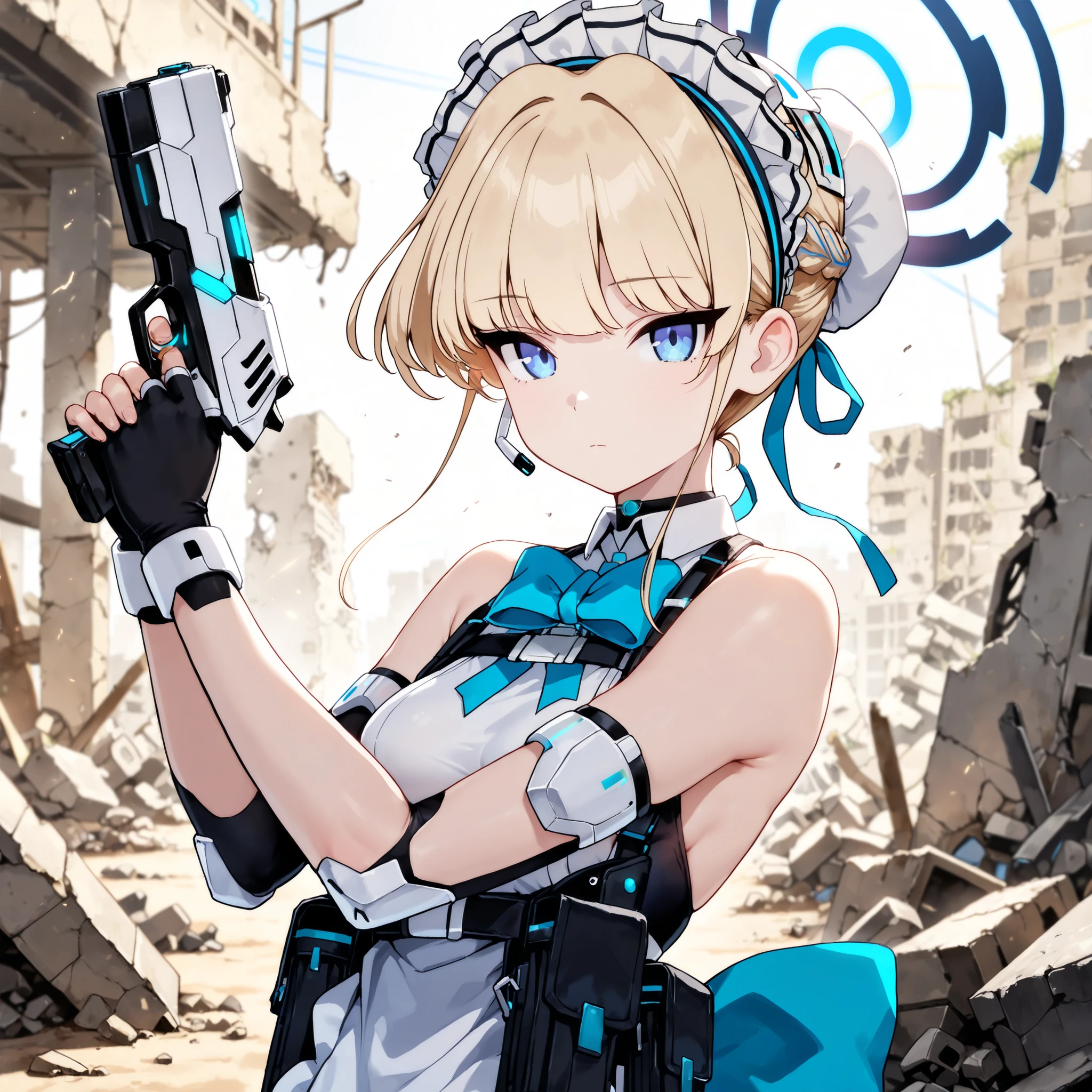 portrait,(masterpiece),(Best Quality),(Ultra High Resolution),(highest resolution),(very detailed),(Soft Light),front view,science fiction, In the ruins,(1 cute girl),(expressionless),maid,((Blue Archive/asuma toki)), headdresses on the beach,blue eyes,slender body,medium breasts,blond hair,(( maid clothes:1.2, bare shoulders)),(( chignon)), white apron , black skirt,magazine pouch ,chest rig,((Blue Ripon on Back)), (2 handed,handgun),dynamic pose,rubble,Remains of a broken robot,