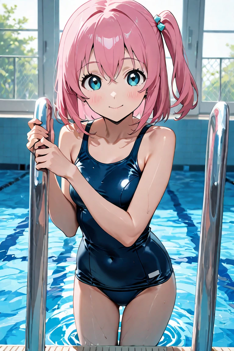 masterpiece, best quality, ultra detailed, best illustration, T46405, blue one-piece swimsuit, Nino, solo, pink hair, butterfly hair ornament, the warm pool
