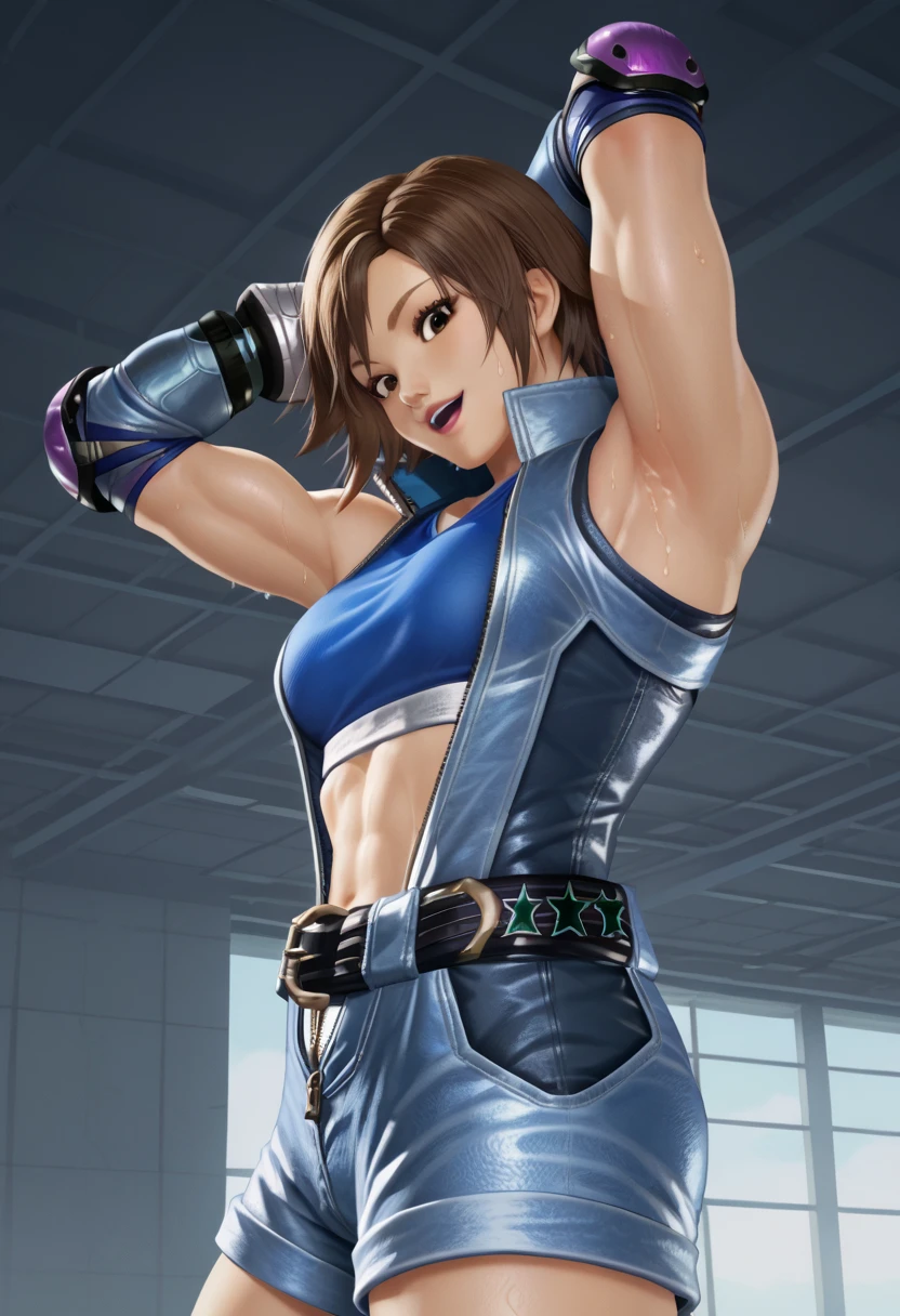 1girl, medium breasts, leotard, blue leotard with red accents, tight belt, bare legs, boots, matching boots, bracelets, city backdrop, solo, single, standing, full body shot, cowboy shot, beautiful detailed eyes, haruhi, looking_at_viewer, smile, short_hair, open_mouth, bangs, brown_hair, ribbon, cleavage, brown_eyes, hair_ribbon, :d, hairband, medium_hair, v-shaped_eyebrows, orange_hairband, spread arms, spinning, spins fast in place like a tornado, twirling in place, tornado spinning, rapid gyration, space backdrop, motion blur, speed lines, tornado, time warp