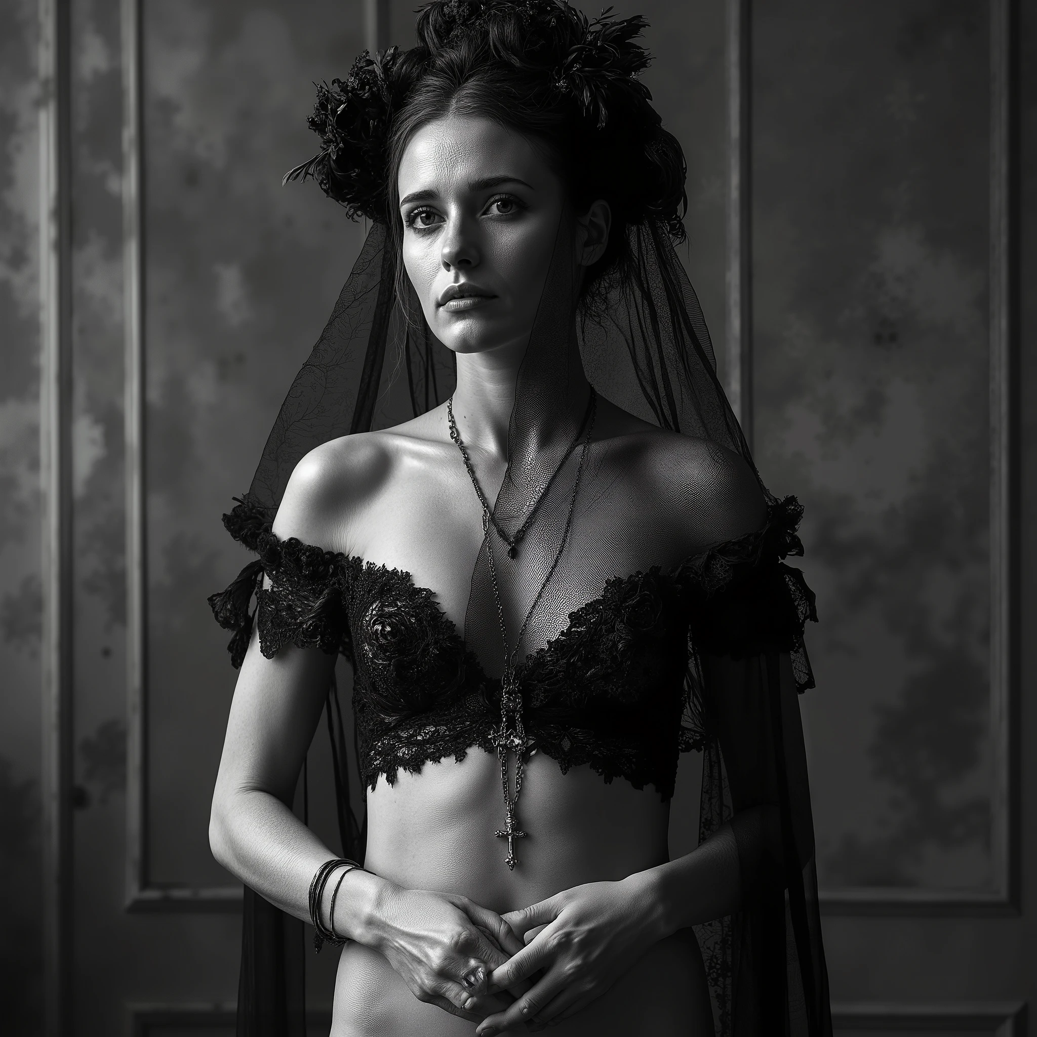 a black and white fine art nude photograph of a woman standing in a dramatic, gothic setting. She is 5'8" tall with a slender, elongated frame, narrow shoulders, and a delicate build. Her torso is lean with a subtle curve at the waist, and her arms are slim, giving her a graceful, statuesque appearance. Her skin tone is pale, with a smooth, unblemished texture. She is completely nude, with her breasts visible through a sheer black lace veil that drapes over her body. The veil is a traditional Spanish Mantilla, intricately designed with floral lace patterns along the edges, extending from her head down to her thighs. The veil covers her face, softening her features, but her intense, stoic expression is faintly visible, with her gaze directed forward. Her lips are closed, and her jawline is sharp yet delicate.
Her hair is styled in a tight, elegant updo, a chignon bun, adorned with a dramatic headpiece made of dark flowers and black feathers, adding a gothic, vintage flair. Around her neck, she wears a long, thin silver necklace with a small cross pendant, resting between her breasts. On her left wrist, she has a delicate lace bracelet that matches the veil's pattern. Her hands are clasped gently in front of her lower abdomen, fingers interlocked, adding a modest yet poised element to her pose. Her posture is upright, with squared shoulders and her head tilted slightly upward, exuding a regal and contemplative demeanor.
The lighting is soft and diffused, coming from a single source above and in front of her, creating gentle shadows that accentuate the texture of the lace veil and the contours of her body. The background is a plain, slightly textured wall with a gradient of light to dark, keeping the focus on the subject. The overall mood of the image is dramatic, ethereal, and artistic, blending elements of Spanish tradition, gothic aesthetics, and fine art nude photography. The black and white filter enhances the contrast, texture, and emotional depth, with a focus on shadow, intensity, and the raw beauty of the human form.
