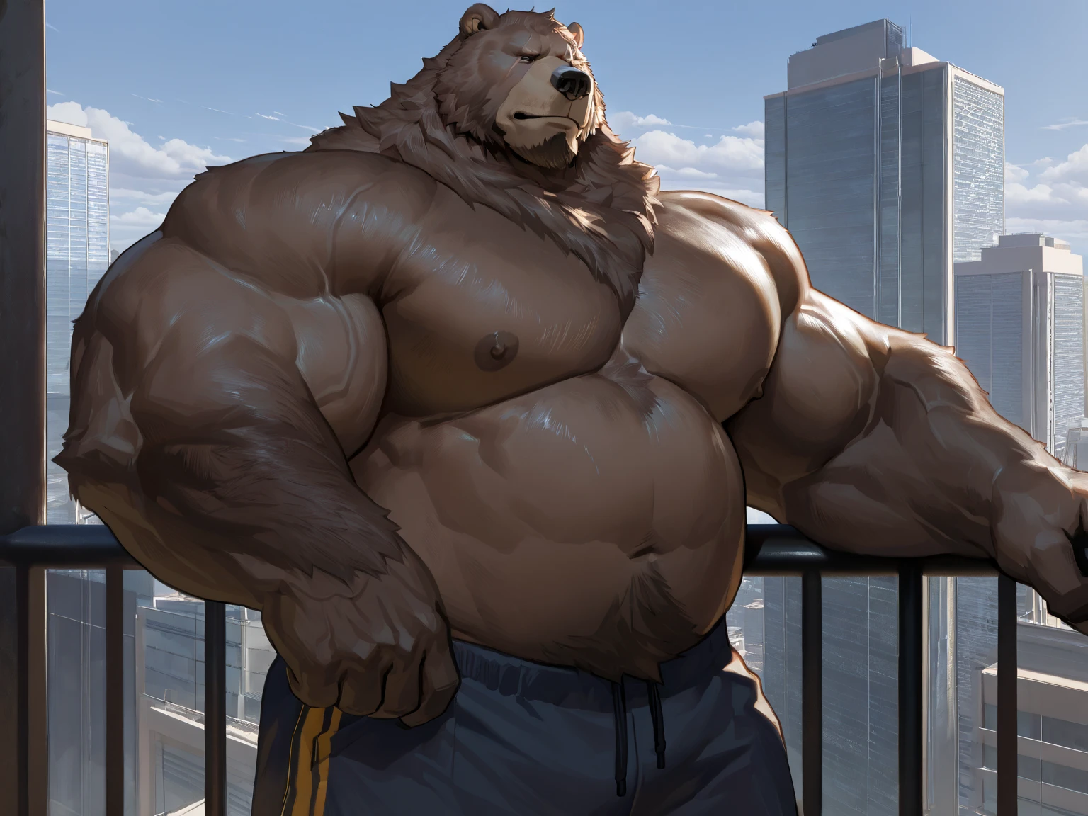 huge muscular kodiak brown bear in oregon viewtop, big smile, kodiak bear, huge brown fur, thick arm, huge arm, bald, brown mustache and brown bearded, (muscular, pectoral, wide pectoral, thick arms), HEIGHT: 220CM, WEIGHT: 270KG, forest, mountain, sunset, realistic, 8k, masterpiece, added cinnamon eyebrows, deatiled eyes with red pupils, (wearing black shorts, wristband, watch, shirtless, topless and black shoes), bouncing his pecs like a drum