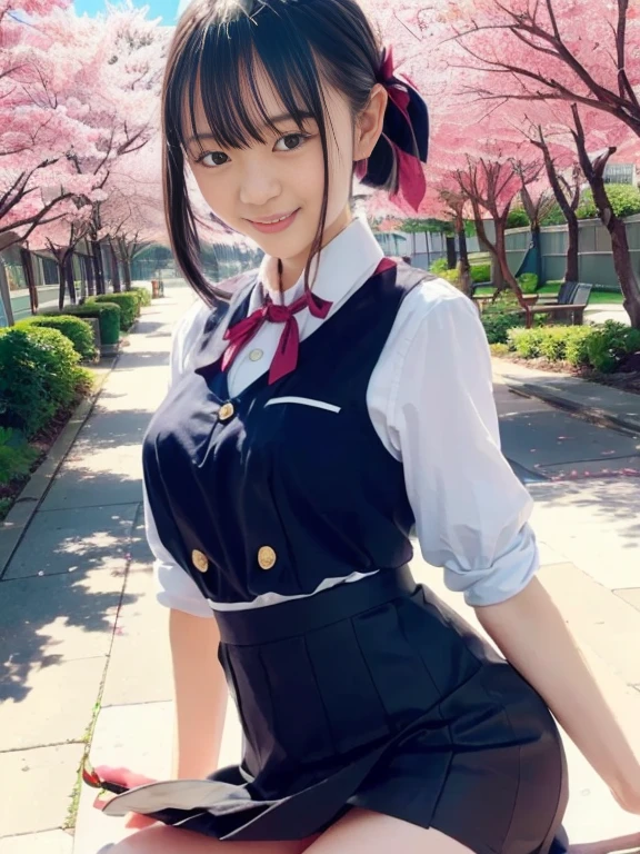 (Best Quality,4K,High resolution:1.2), Ultra-detailed, Realistic portrait, Best Quality, (outside japanese high school), (passionate scene),one very young looking high school girl, (intense emotion), (carp), (kiss:1.1), , (open eyes),(innocent look), student clothes, long black hair with bows and ribbons、Mini Pleated Skirt、(Stockings), standing, open mouth, (very big breasts), lingerie, pigtails, thin tiny waist, black and pink marching band uniform with bow, having fun, small body, big brown eyes, big cute smile, (full body, perfect long legs, looking up staring into camera, far away), (muscular lean abs, tight cropped blouse)