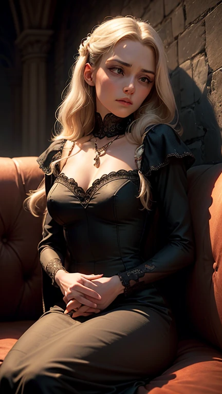 Vampire, white skin, incredibly beautiful woman, ((Realistic Beautiful eyes)), fashion photography,cinematic lighting, long hair, dark color hair, delicate hands, yellow glowing eyes, (Wearing sexy Gothic black dress), style castle movie scenes, very skinny, legs