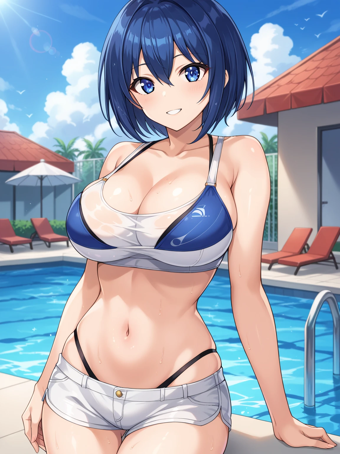 extremely details CG,UHD Wallpapers, Extremely detailed,(((best qualtiy))), ((ultra-detailliert)), 1girl huge large breasts, animal_ear, Black_hair, Blue_Eyes, Large breasts,(Naked_a towel), 云, cloudy_skyporn, crepuscular, natta, gradient_skyporn, Horizon, up looking_で_peeping at the viewer, makeups, mediating_breasts, Aqua Eye, woven, Eau, water dripping, mont, mountainous_Horizon, a navel, mare, orange_skyporn, outside of house, coconut palms_tree, Purple_skyporn, Red_skyporn, Short_hair, Sat down, 天空, ssmile, 独奏, suns, Sun rays, sun setting, a towel, The tree, at the sunset, Eau